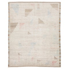 Modern Moroccan Minimalist Wool Rug Geometric in Cream, Soft Coral, & Sky Blue