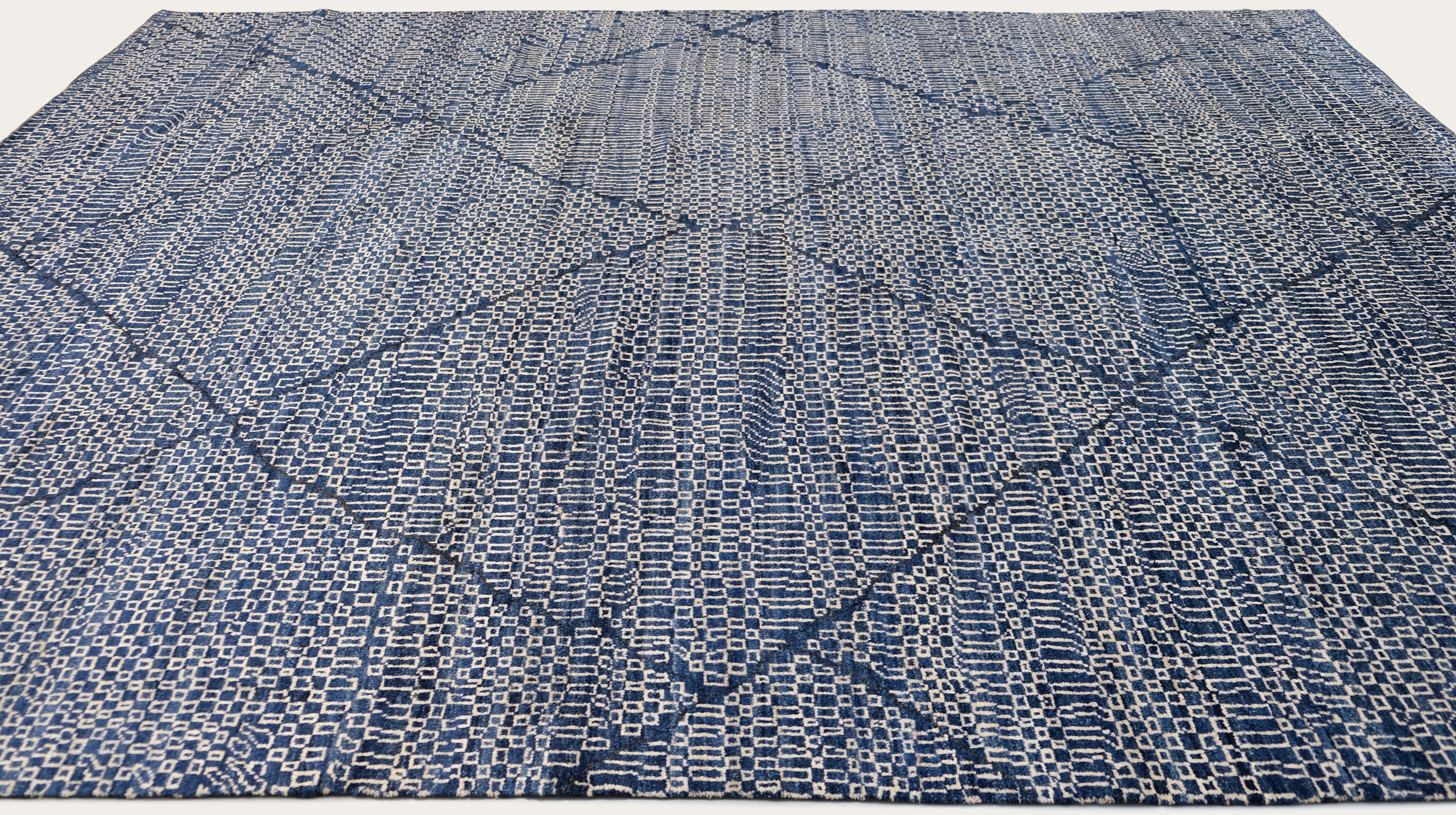Afghan Modern Moroccan Pattern Blue and Ivory Wool Rug 8'10''x11'8'' For Sale