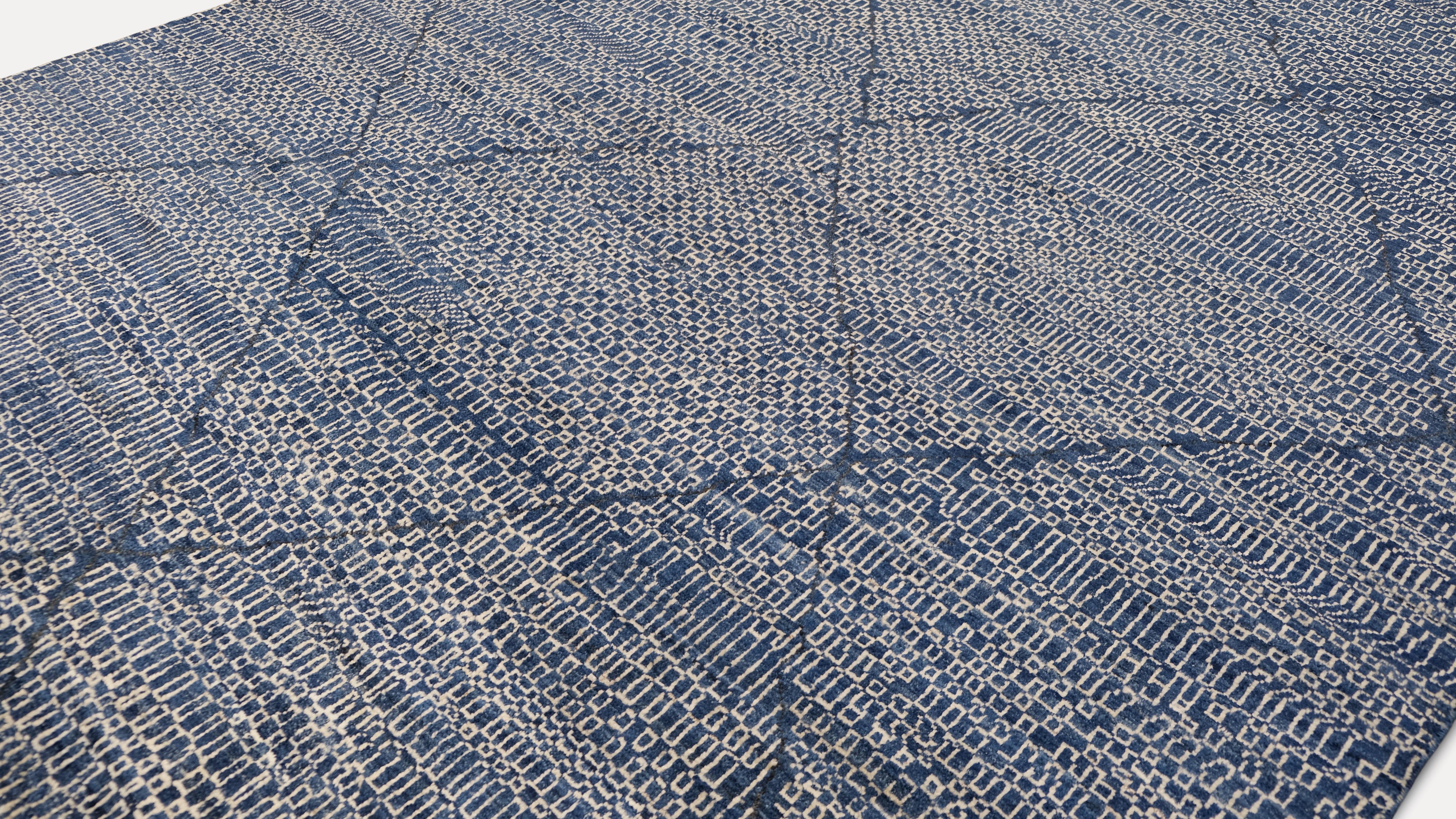 Hand-Knotted Modern Moroccan Pattern Blue and Ivory Wool Rug 8'10''x11'8'' For Sale