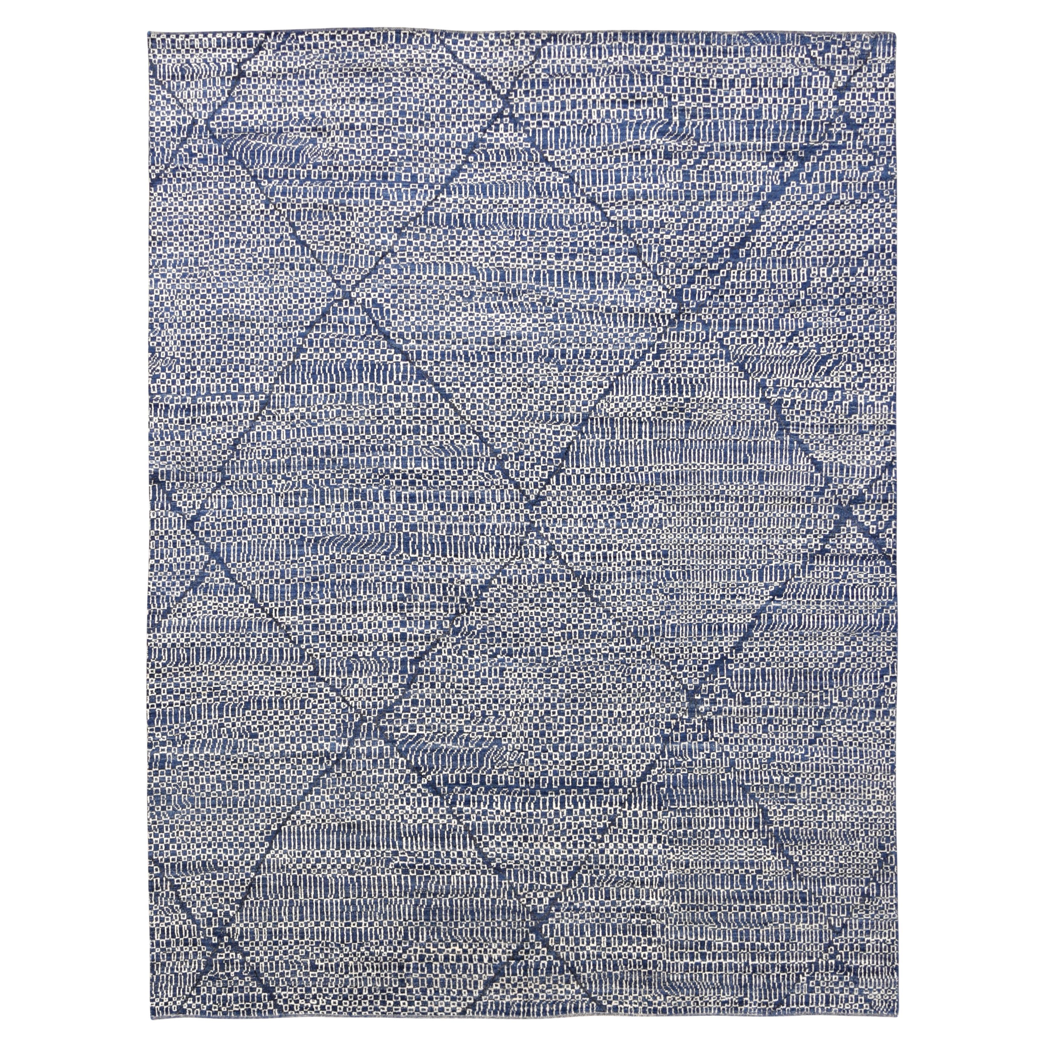 Modern Moroccan Pattern Blue and Ivory Wool Rug 8'10''x11'8''