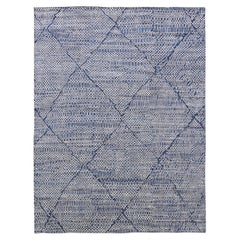 Modern Moroccan Pattern Blue and Ivory Wool Rug 8'10''x11'8''