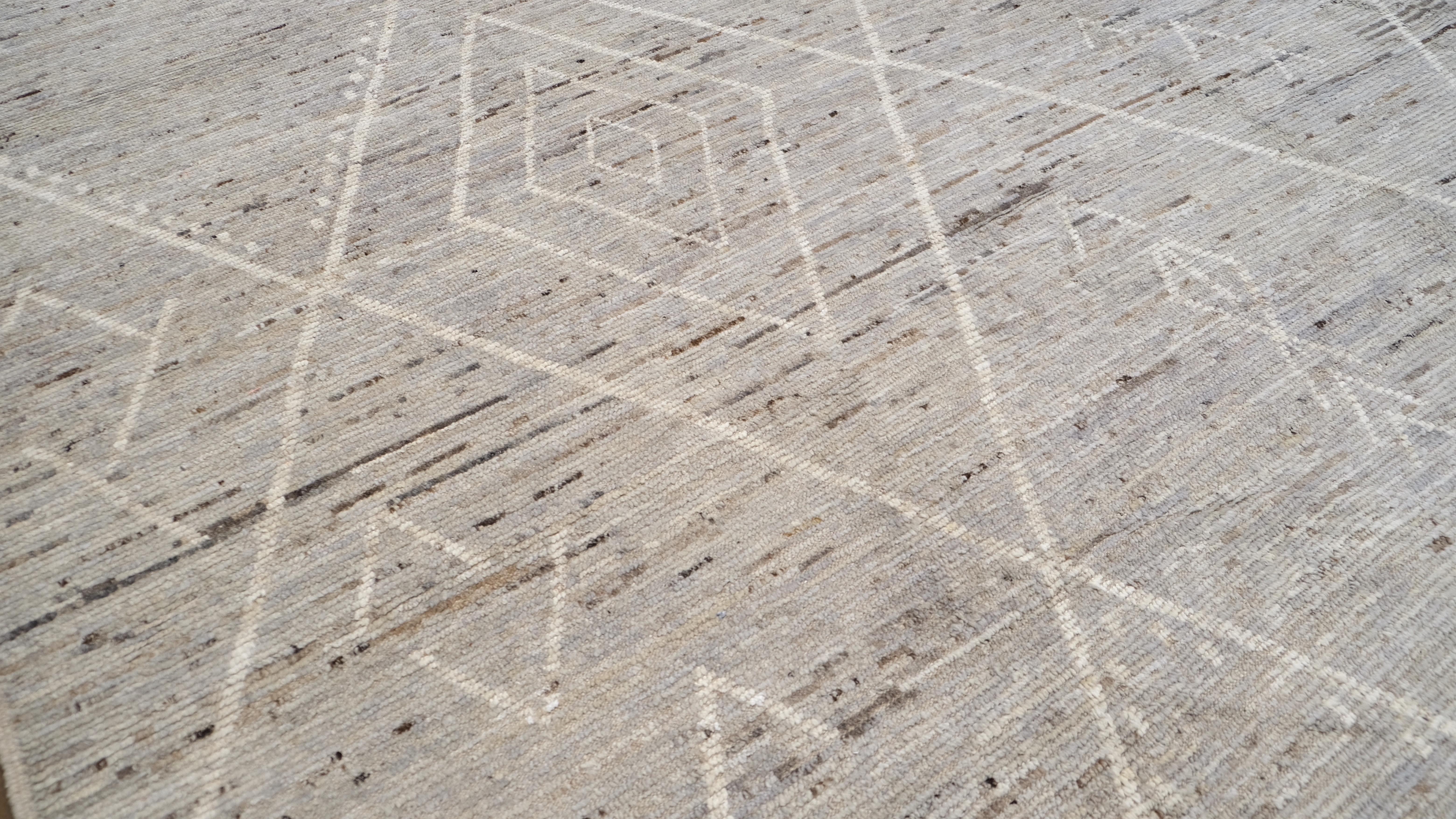 Afghan Modern Moroccan Pattern Neutral Color Wool Rug 12'3''x16'4'' For Sale