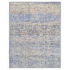 Modern Moroccan Patterned Blue Toned Wool Rug 9'6''x12'