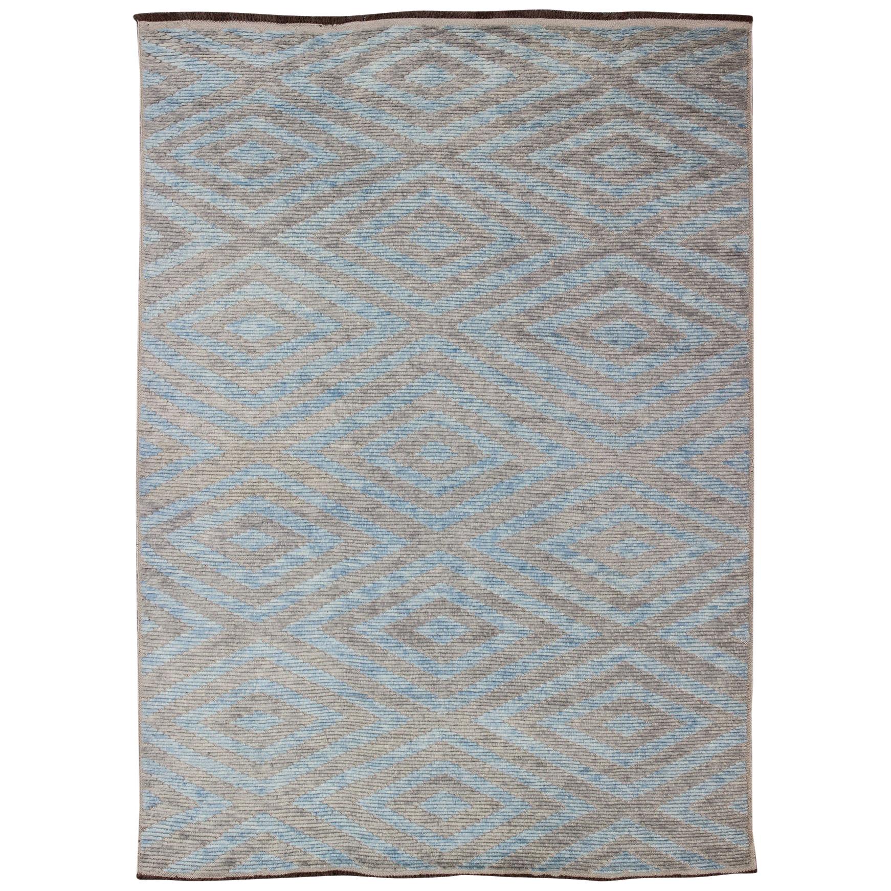 Modern Moroccan Piled Rug with Sky Blue and Gray in Layered Diamond Design For Sale