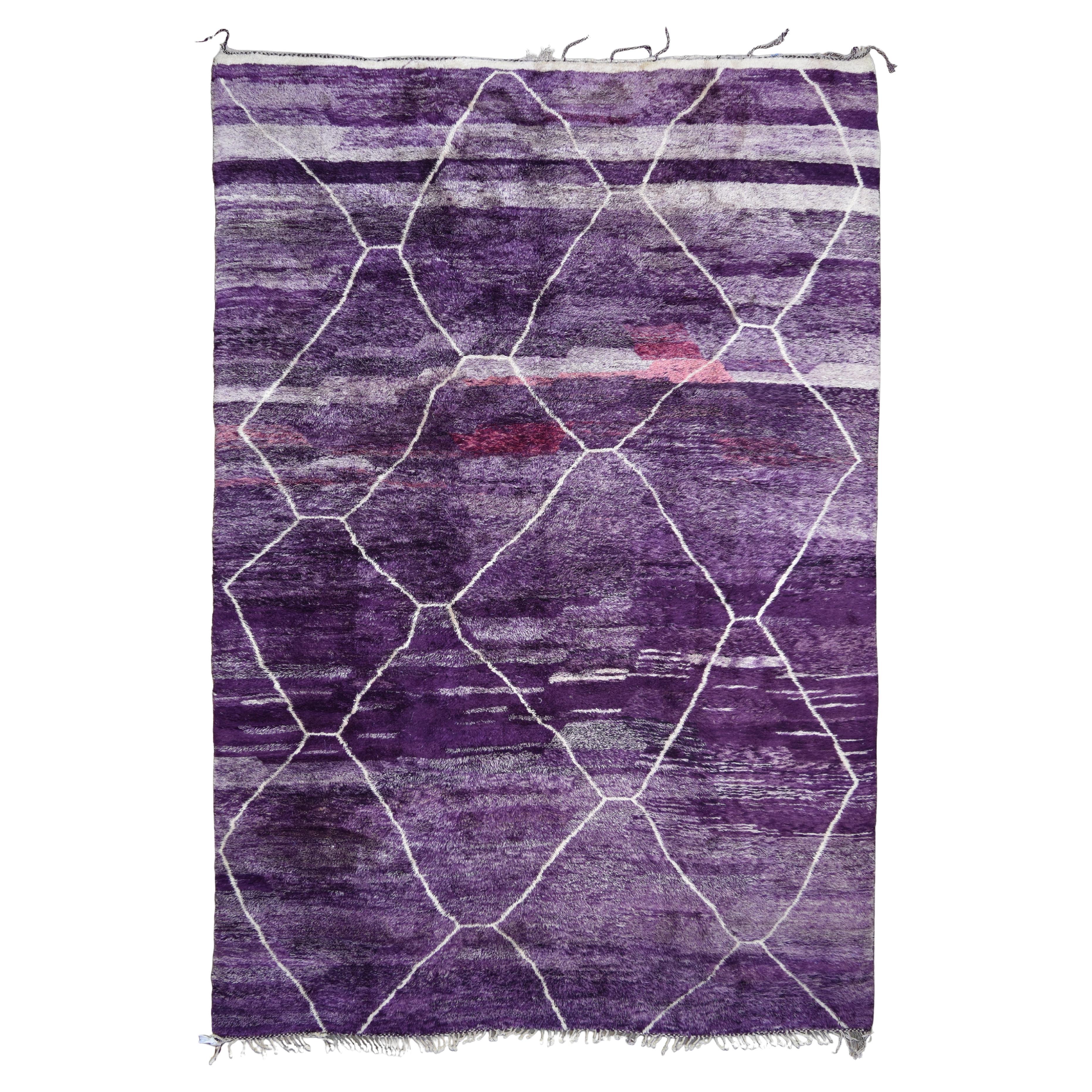 Tappeto moderno in lana Beni Ourain con motivo a diamante viola marocchino 10'8''x15'9''