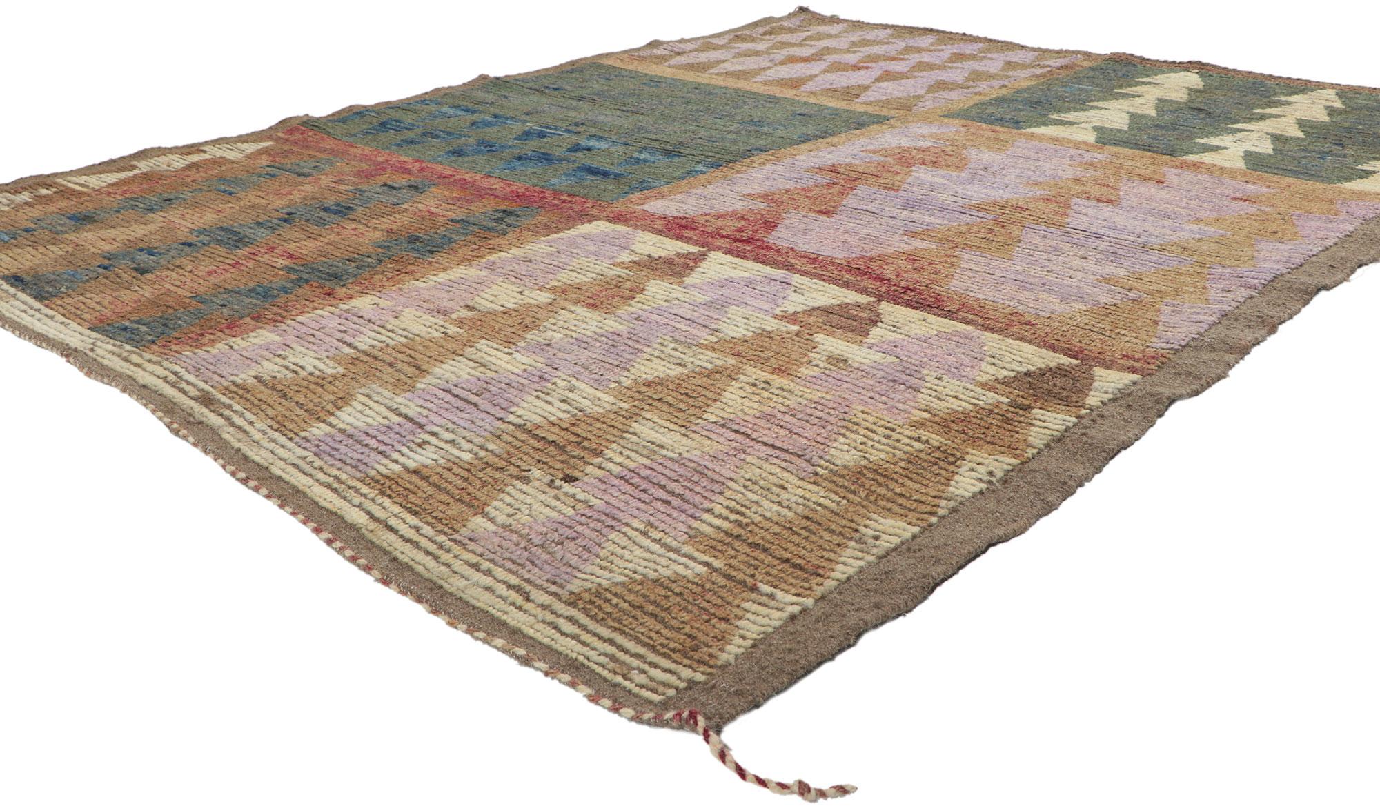 80785 Earth-Tone Moroccan Rug, 05'09 x 07'08.
​Bauhaus Design meets earth-tone elegance in this hand knotted wool modern Moroccan rug. The asymmetric details and earthy hues woven into this piece work together resulting in an iconic yet relaxed