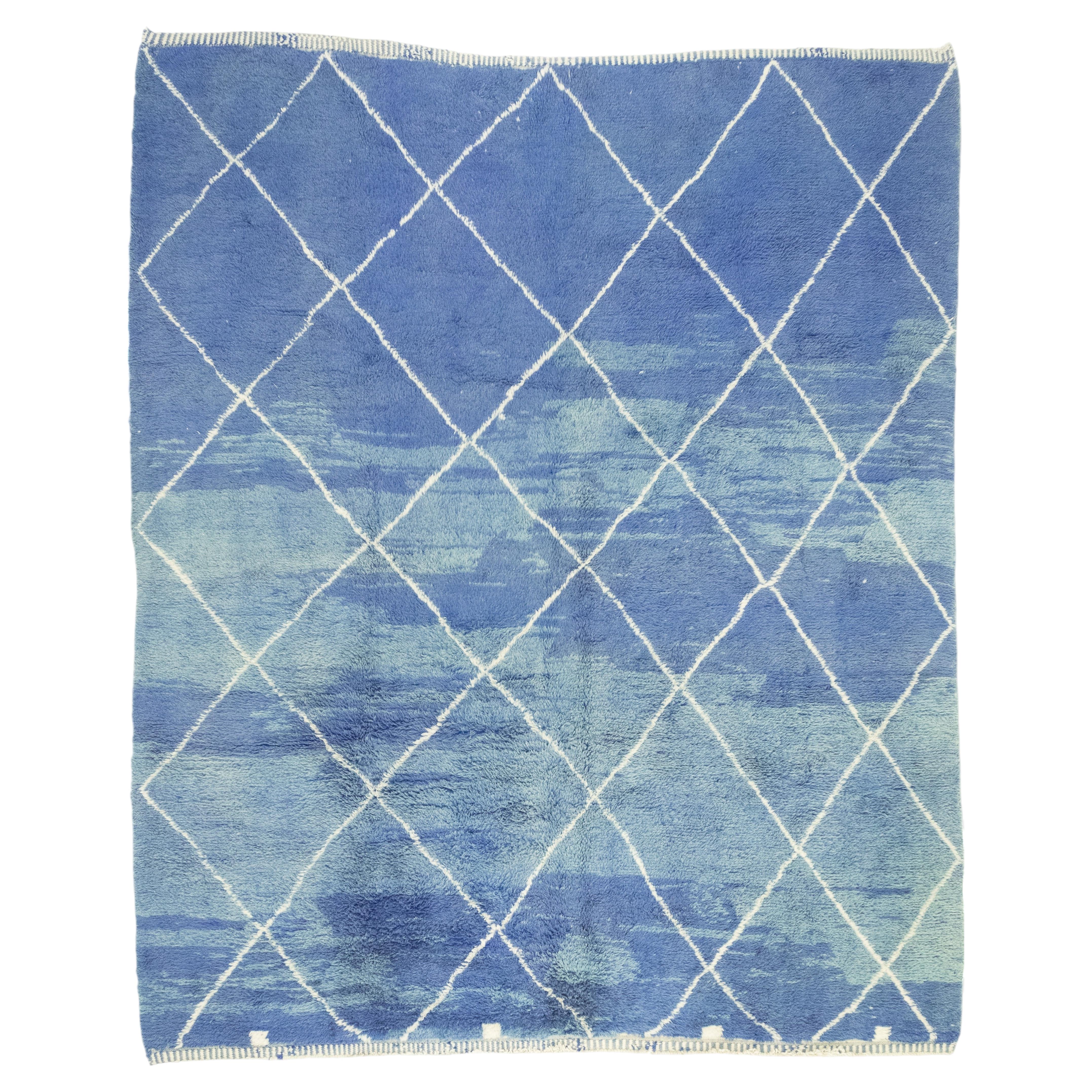 Modern Moroccan Rug, Blue Diamond Lattice Design, 11.6 ft x 9.10 ft