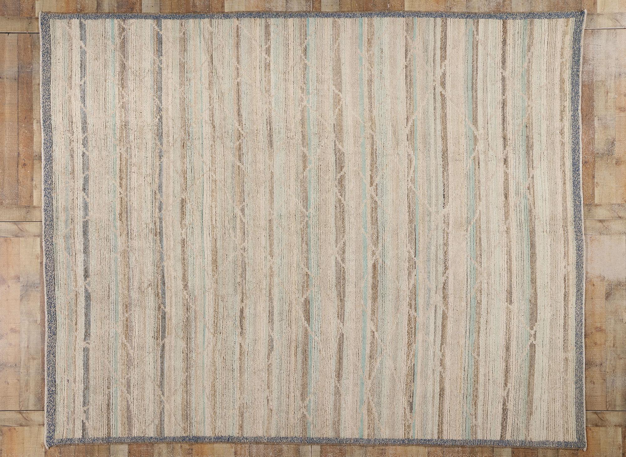 81078 Modern Boho Tonal Striped Moroccan Rug, 09'03 x 11'05. Step into a realm of modern enchantment with our hand knotted wool Modern Boho striped Moroccan rug, a masterpiece of design blending timeless allure with contemporary flair. Inspired by