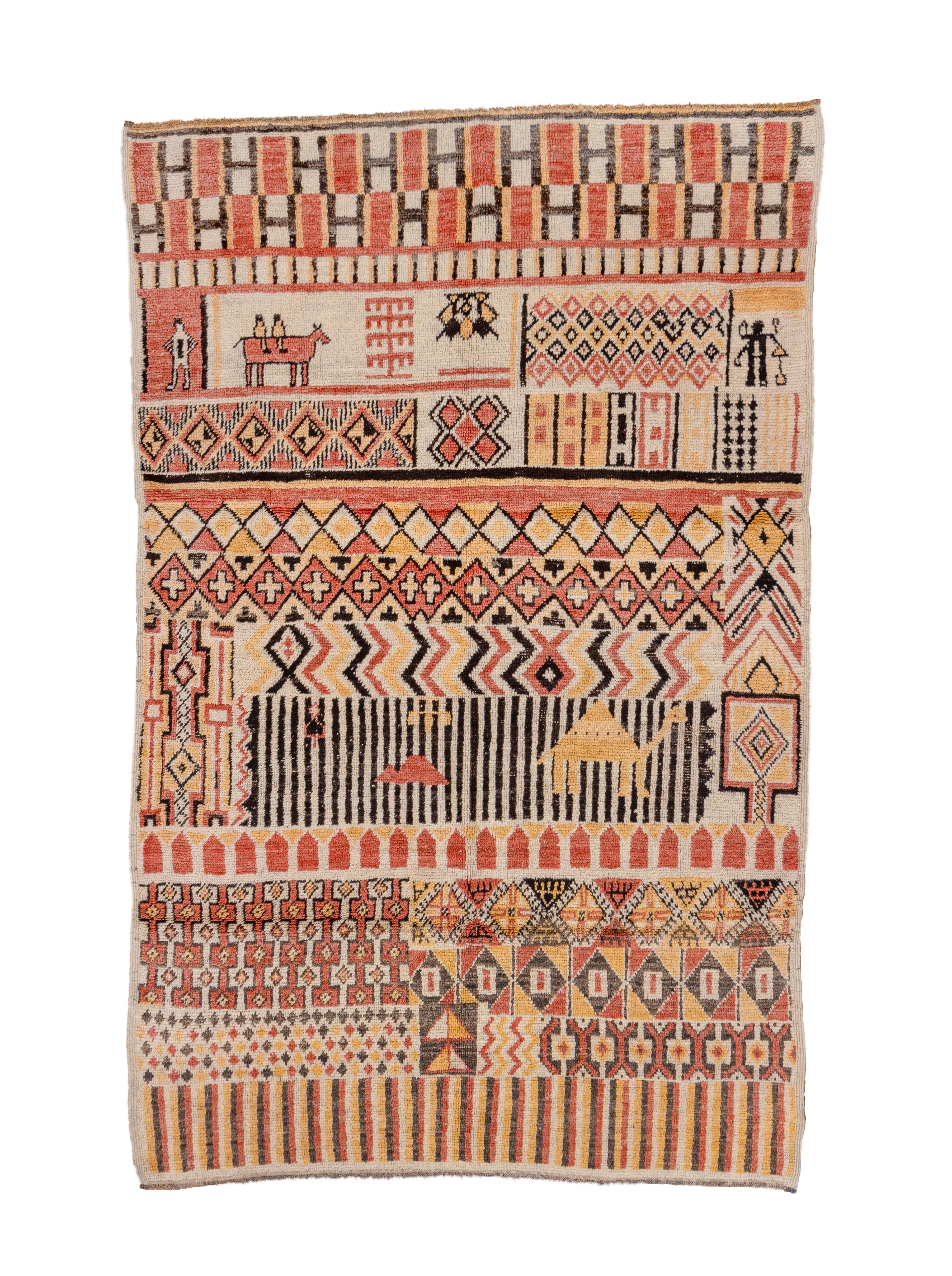 Moderner, handgewebter Wollteppich mit Bildmotiv
Mehrfarbig marokkanisch ca. 1940er Jahre

Teppich Maßnahmen
5'6x8'7
