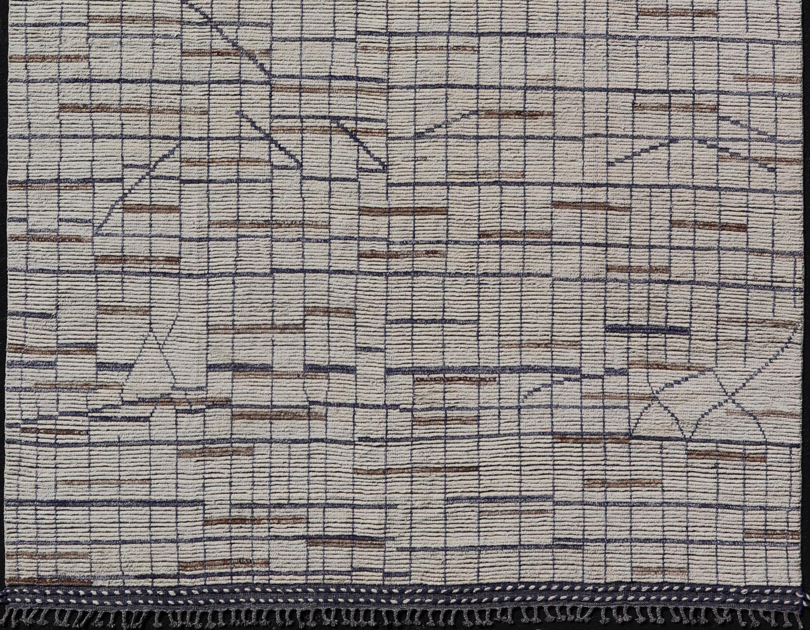 Modern Moroccan Rug in Neutral Tones with Subdued Design with Pops of Blue For Sale 4