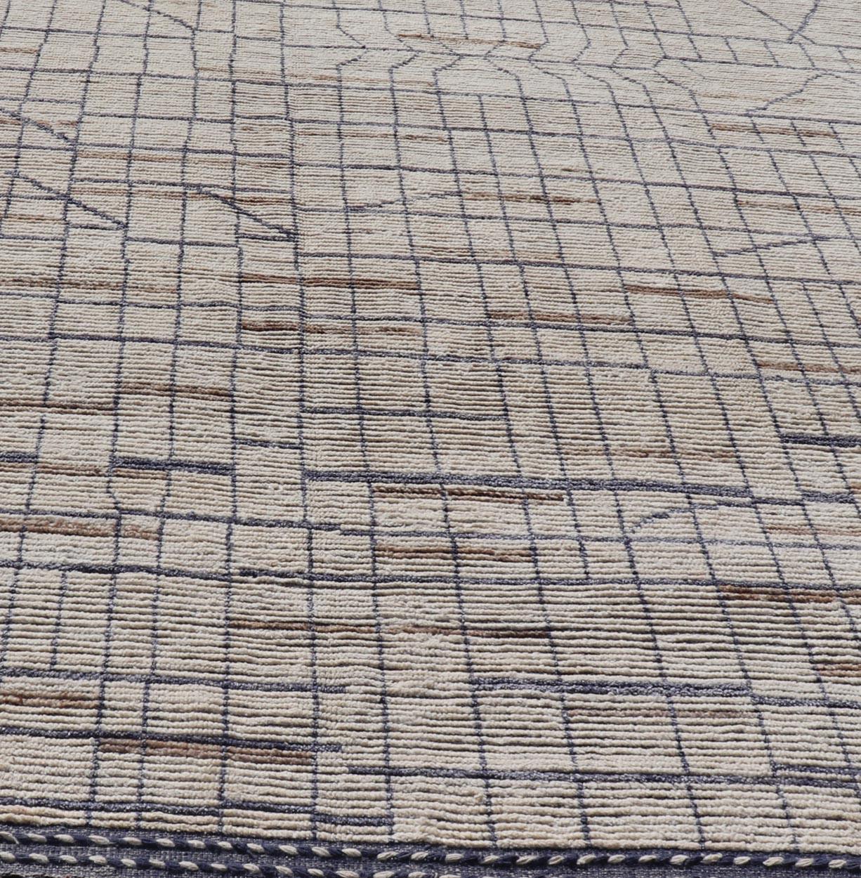 Modern Moroccan Rug in Neutral Tones with Subdued Design with Pops of Blue For Sale 5