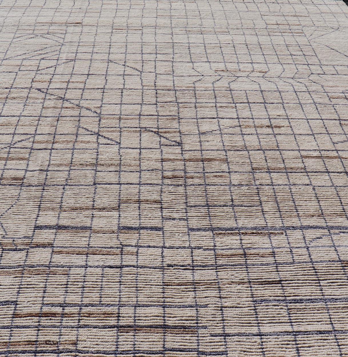 Modern Moroccan Rug in Neutral Tones with Subdued Design with Pops of Blue For Sale 6
