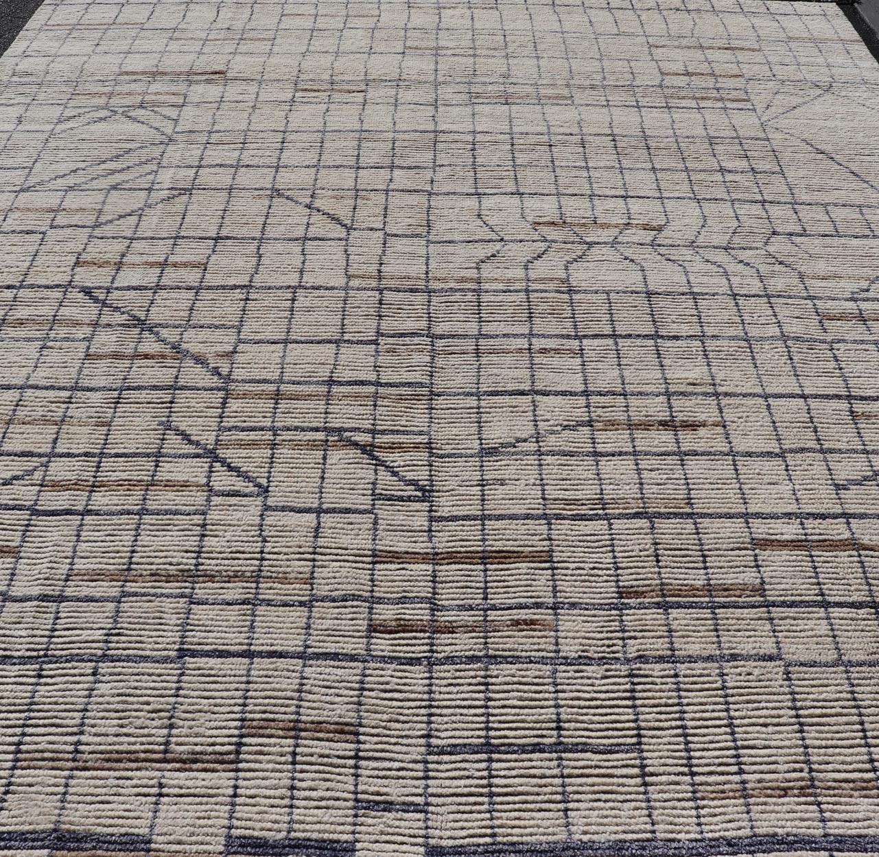 Modern Moroccan Rug in Neutral Tones with Subdued Design with Pops of Blue For Sale 7