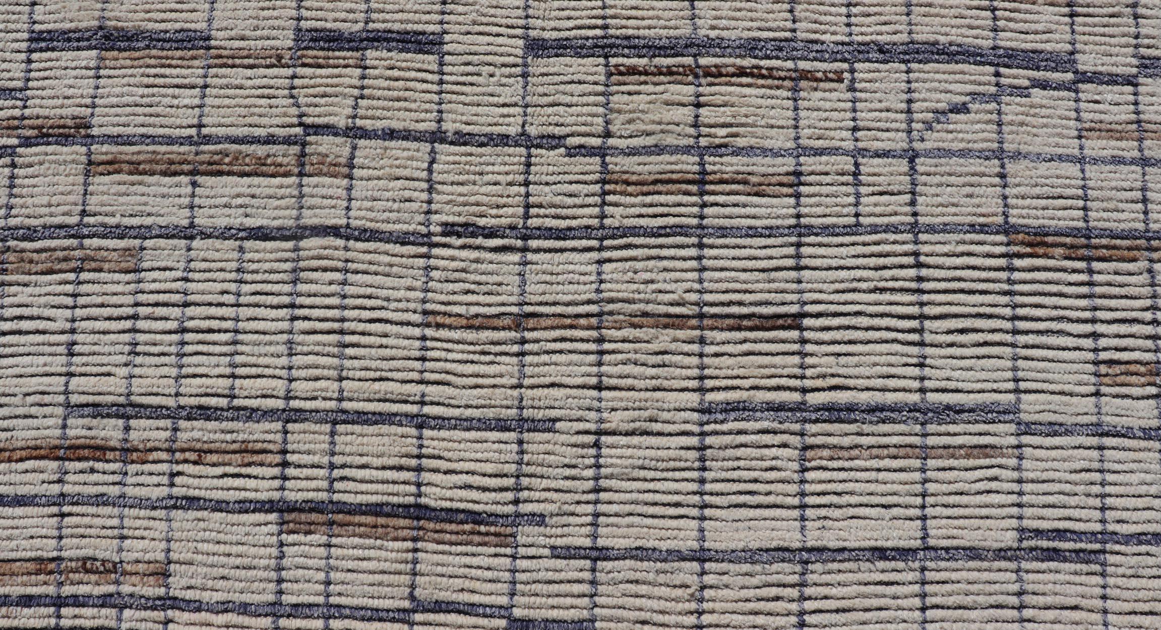 Afghan Modern Moroccan Rug in Neutral Tones with Subdued Design with Pops of Blue For Sale