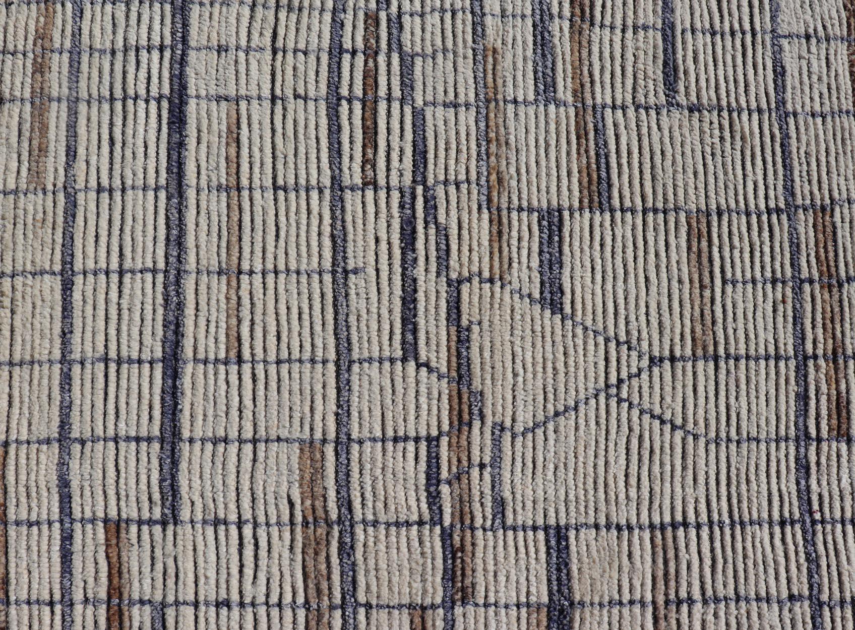 Hand-Knotted Modern Moroccan Rug in Neutral Tones with Subdued Design with Pops of Blue For Sale