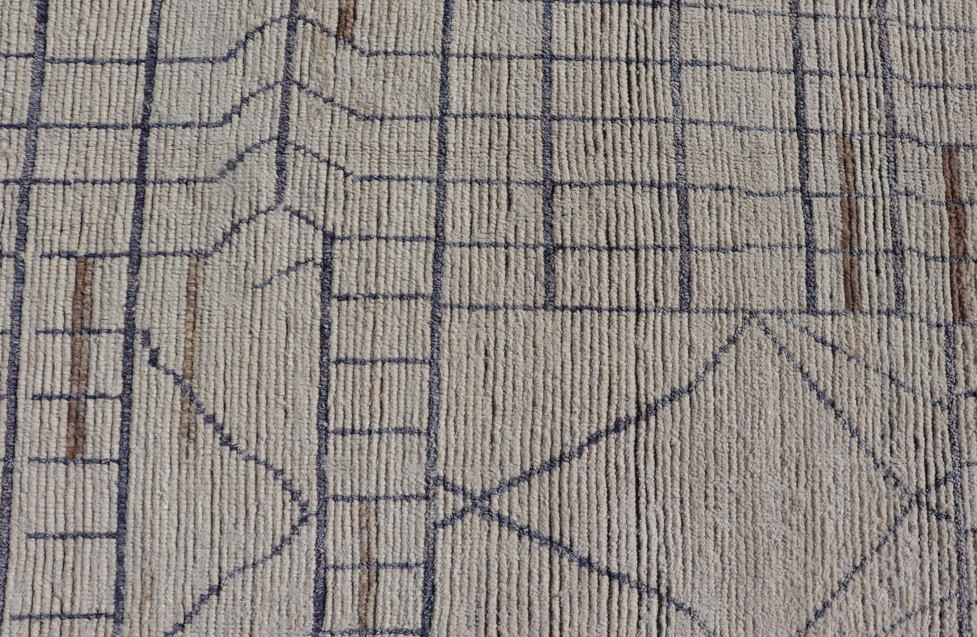 Modern Moroccan Rug in Neutral Tones with Subdued Design with Pops of Blue In New Condition For Sale In Atlanta, GA