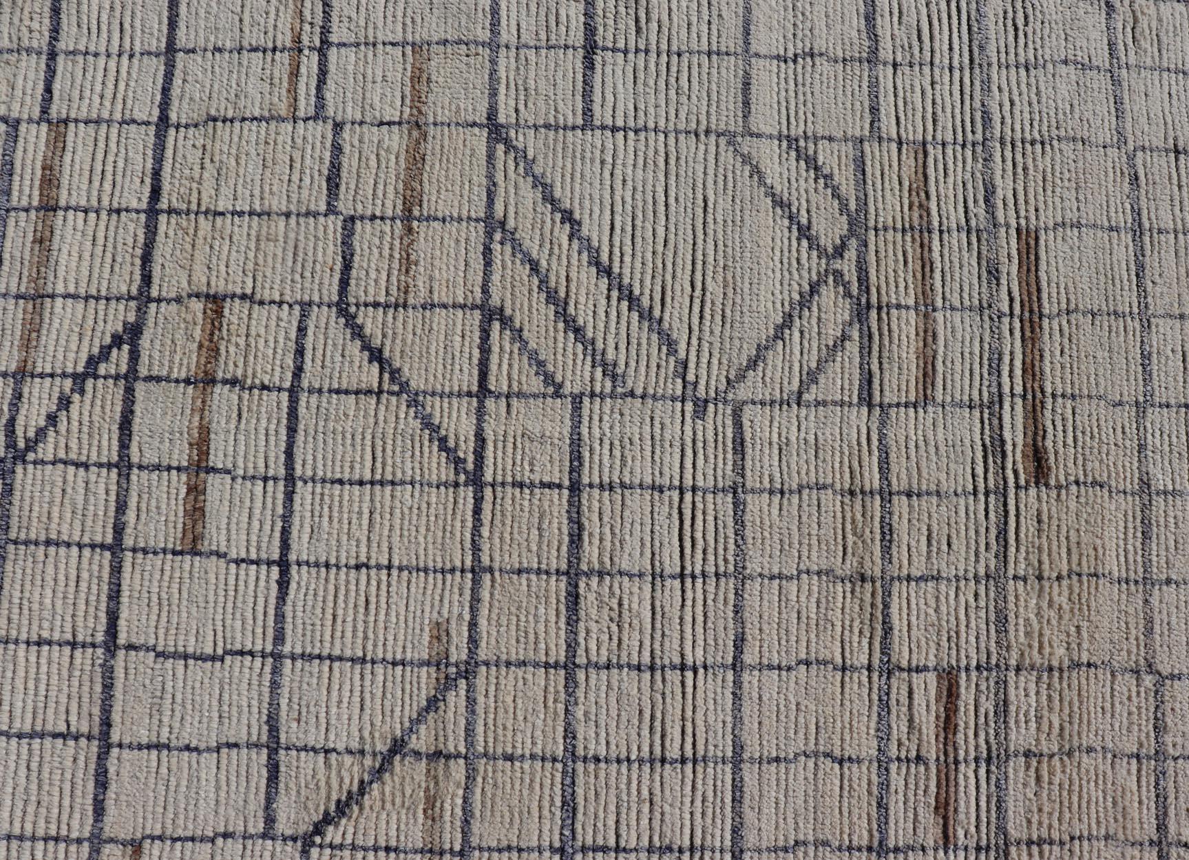 Contemporary Modern Moroccan Rug in Neutral Tones with Subdued Design with Pops of Blue For Sale