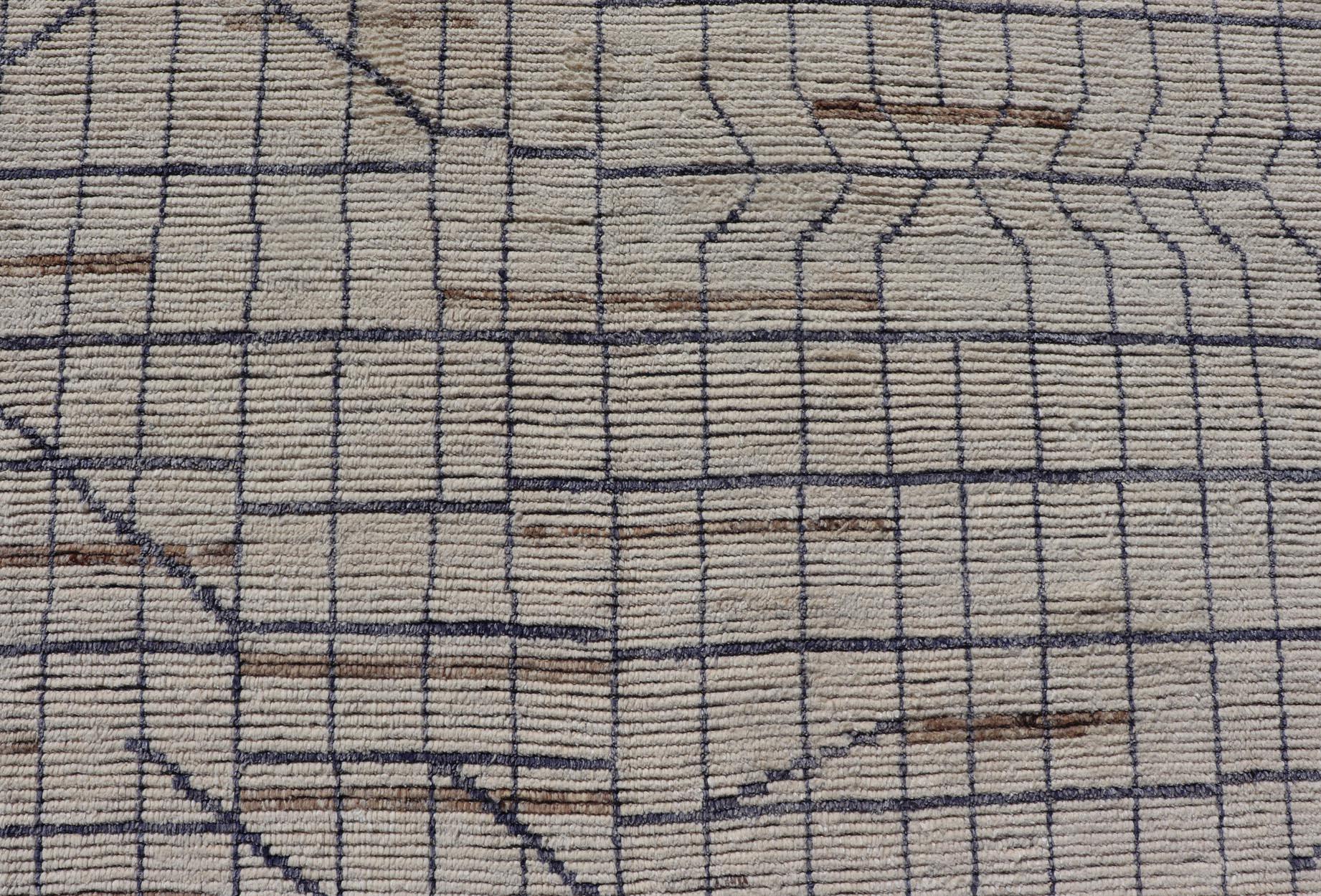 Wool Modern Moroccan Rug in Neutral Tones with Subdued Design with Pops of Blue For Sale