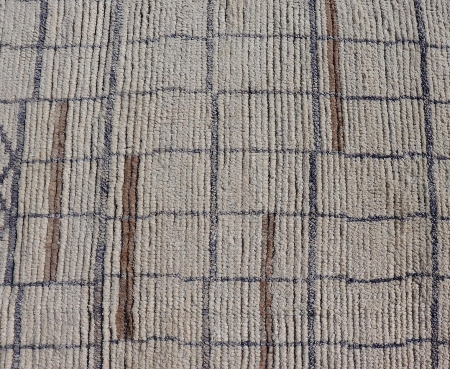Modern Moroccan Rug in Neutral Tones with Subdued Design with Pops of Blue For Sale 1
