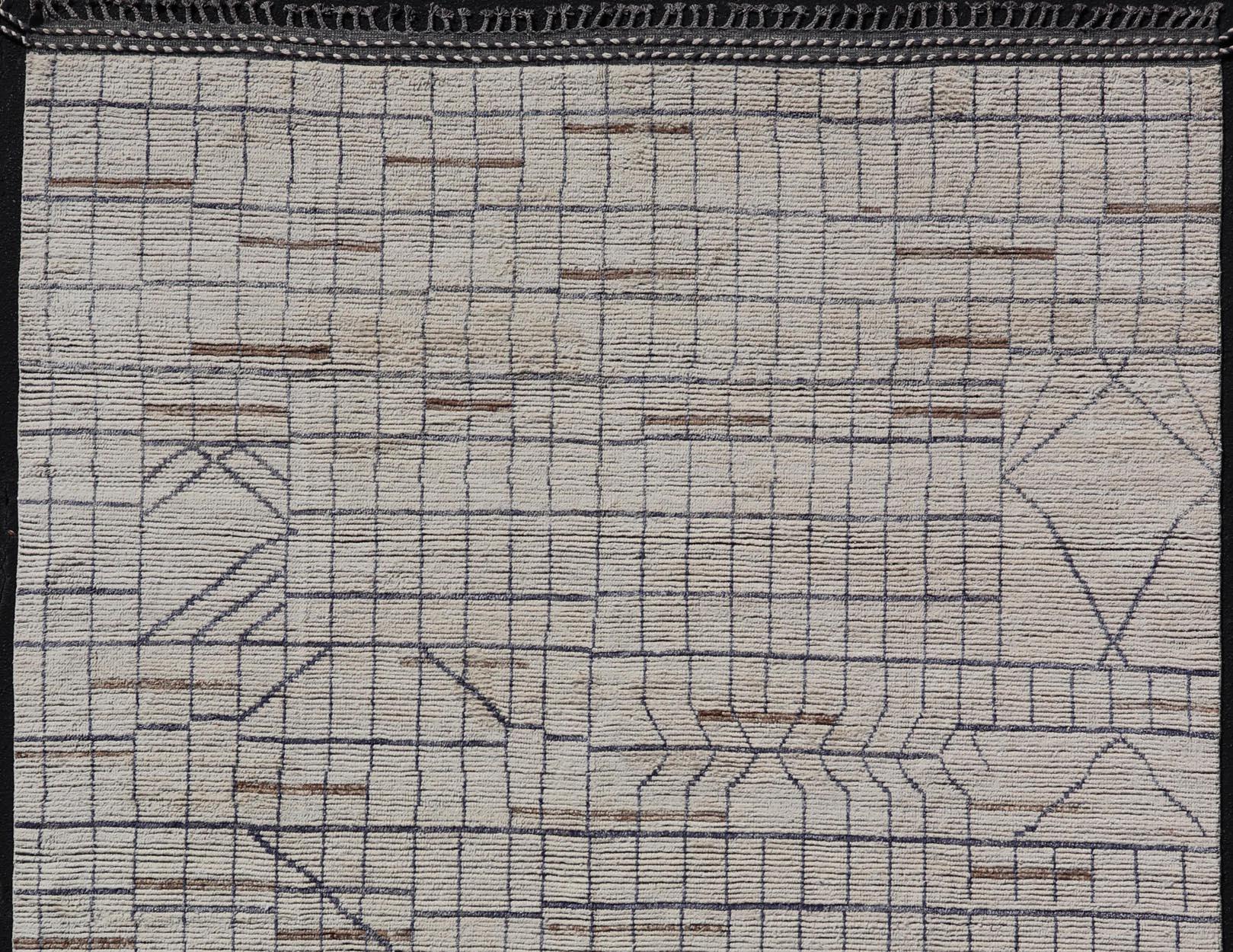 Modern Moroccan Rug in Neutral Tones with Subdued Design with Pops of Blue For Sale 2