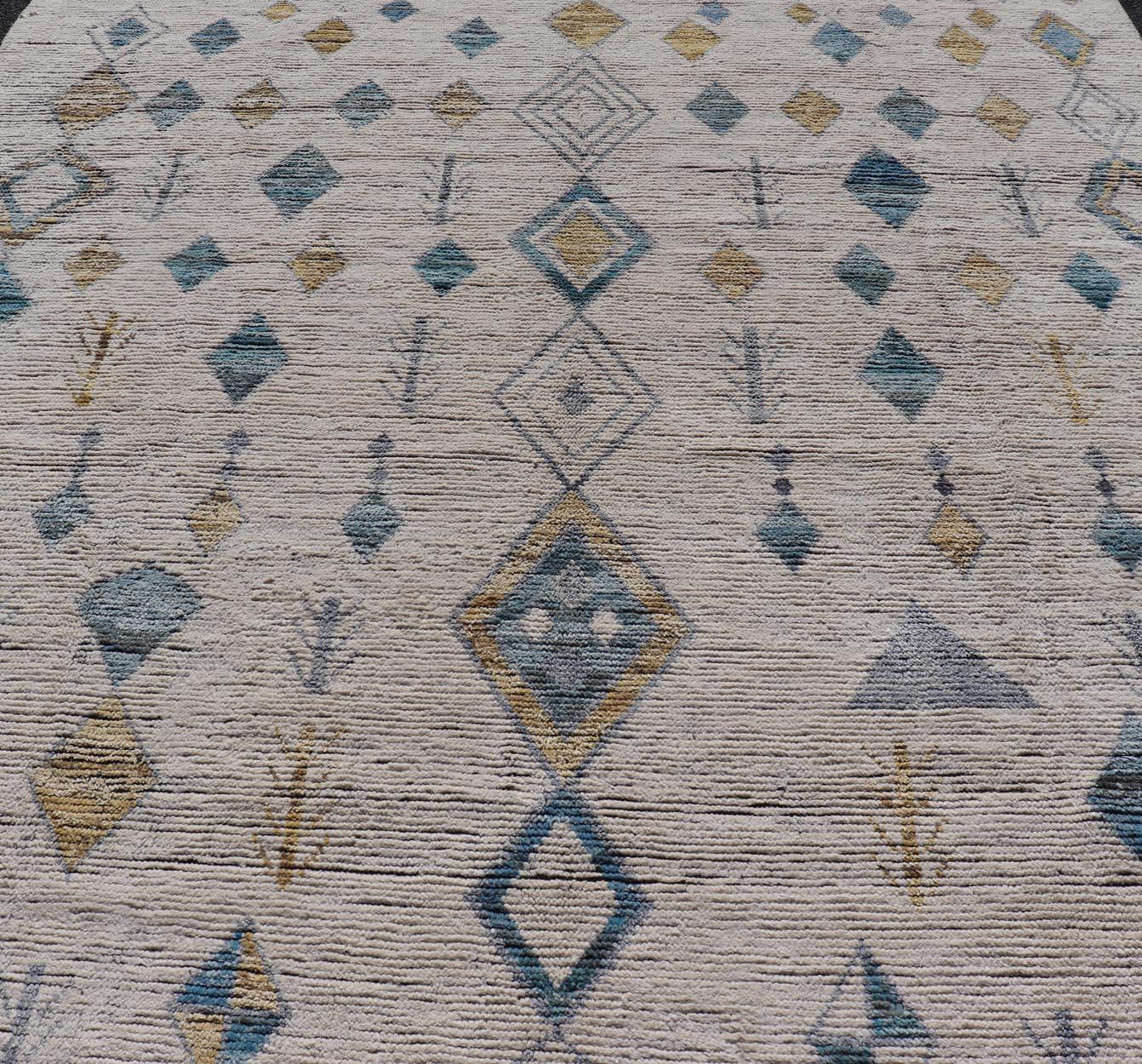 Afghan Modern Moroccan Rug in Wool with Sub-Geometric Tribal Diamond Design On Ivory 