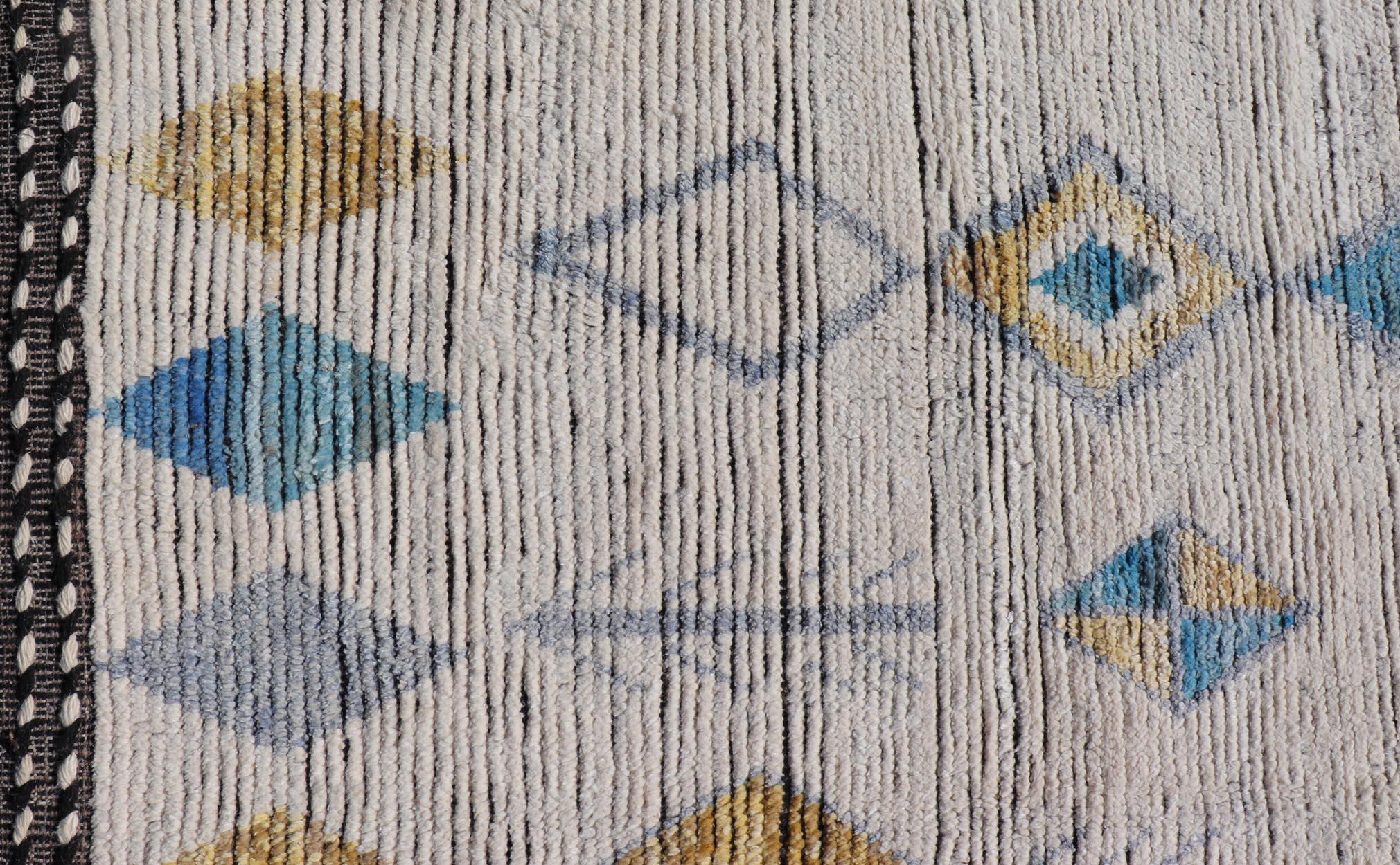 Contemporary Modern Moroccan Rug in Wool with Sub-Geometric Tribal Diamond Design On Ivory 