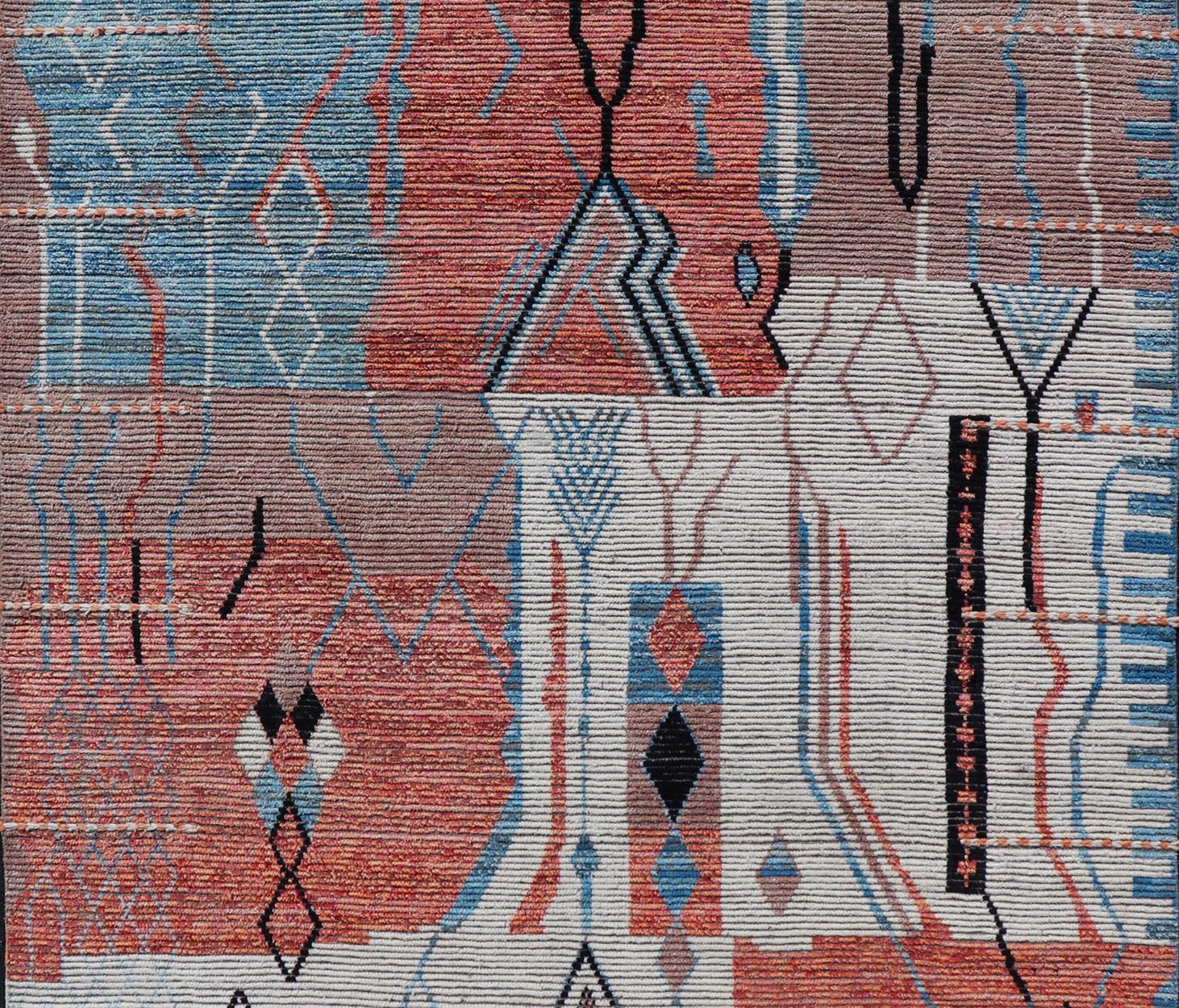 Modern Moroccan Rug With Abstract Design With Copper, Lt. Blue, and Ivory  For Sale 6