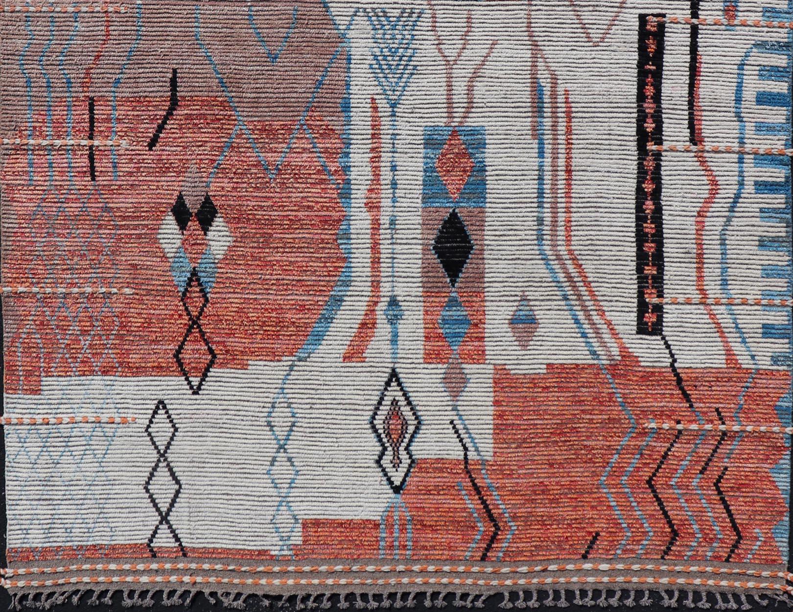 Modern Moroccan Rug With Abstract Design With Copper, Lt. Blue, and Ivory For Sale 7