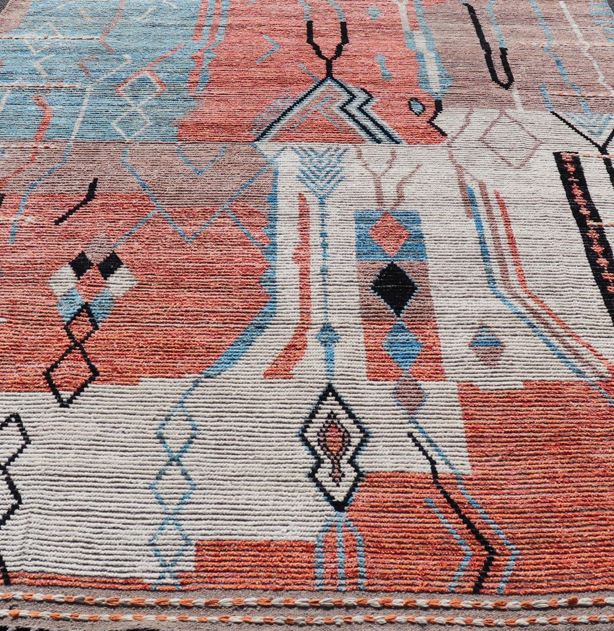 Modern Moroccan Rug With Abstract Design With Copper, Lt. Blue, and Ivory  For Sale 8