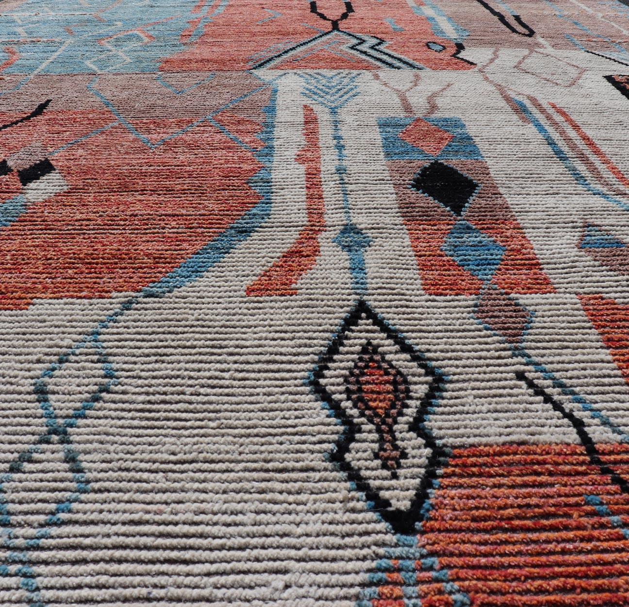 Modern Moroccan Rug With Abstract Design With Copper, Lt. Blue, and Ivory. Keivan Woven Arts; rug MSE-12863, country of origin / type: Afghanistan / Modern Casual, circa early-21th century.
Measures: 8'3 x 11'0 
Multicolor Moroccan Modern Rug has