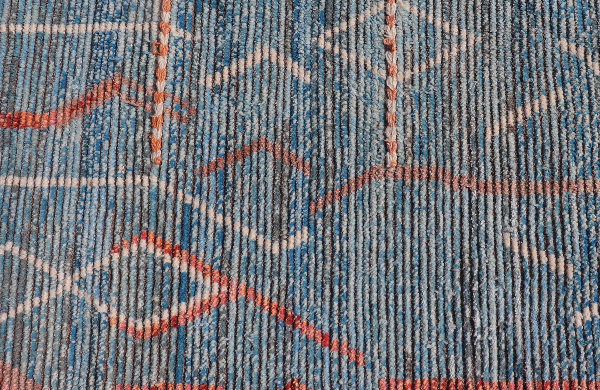Modern Moroccan Rug With Abstract Design With Copper, Lt. Blue, and Ivory  For Sale 2