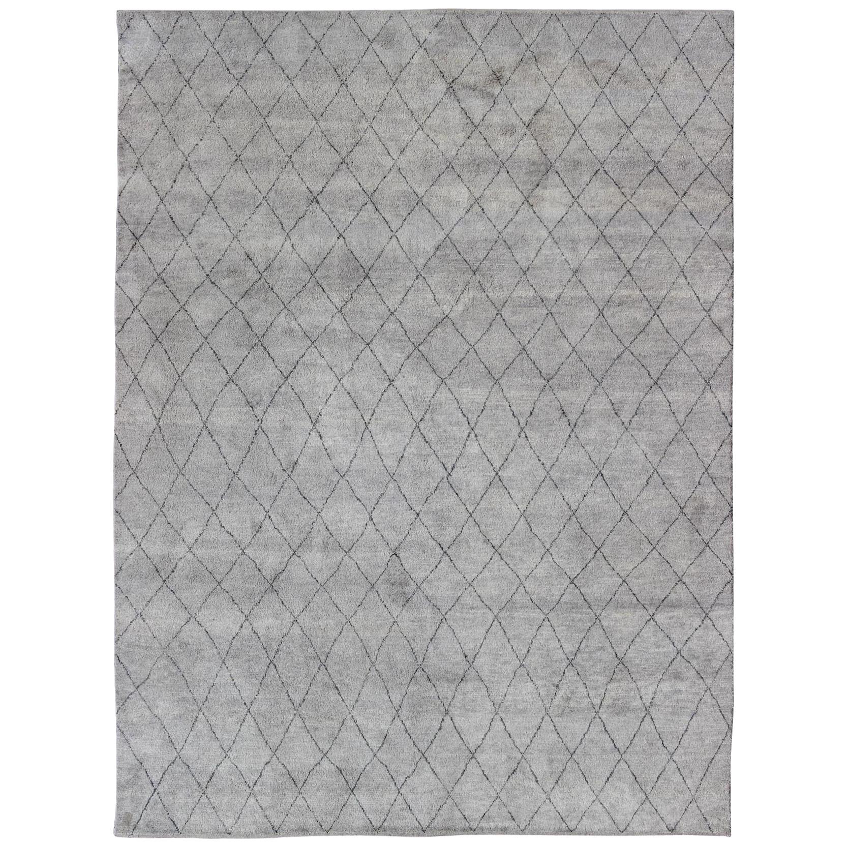 Modern Moroccan Rug with All-Over Diamond Design in Charcoal and Gray