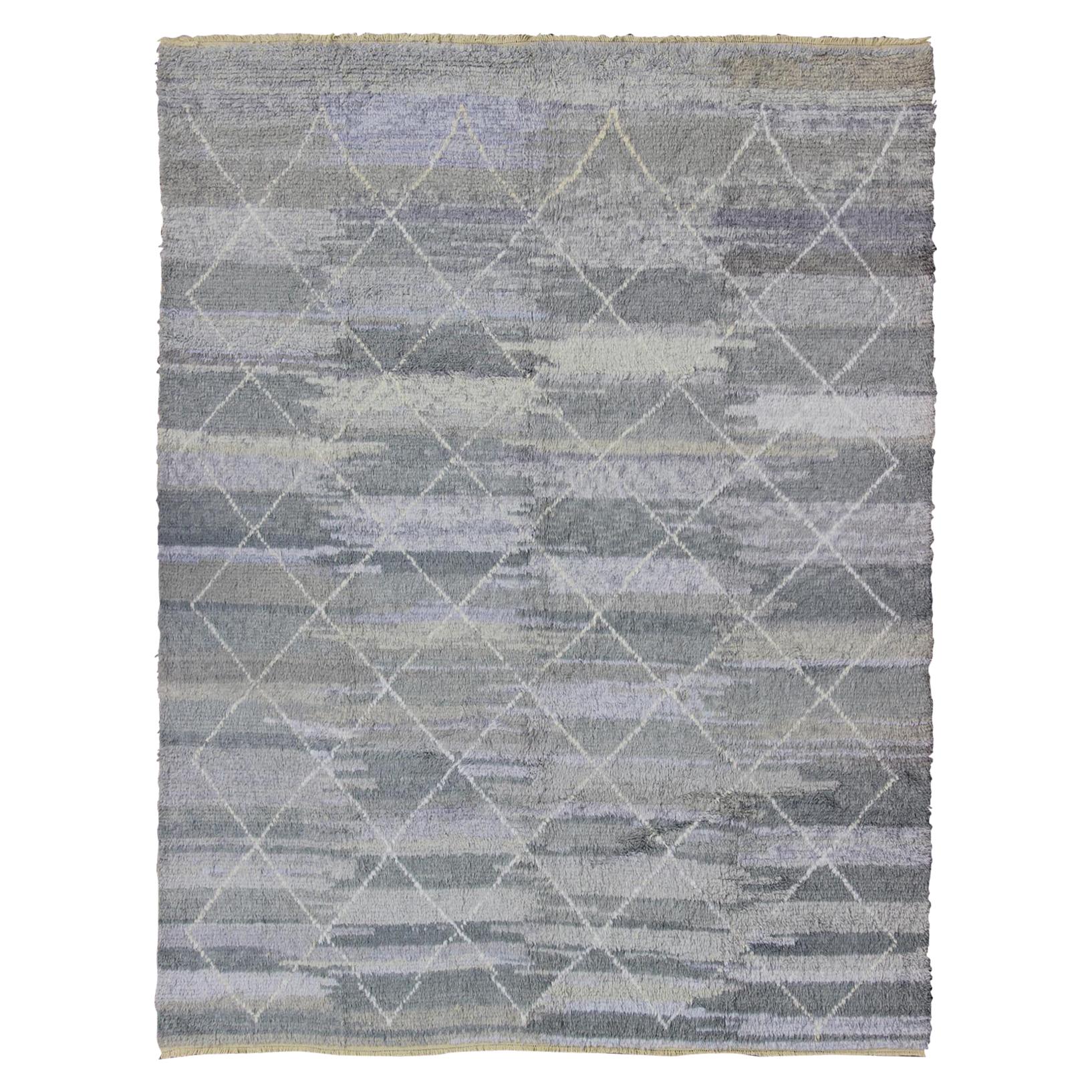 Modern Moroccan Rug with All-Over Lattice Design in Grey Tones