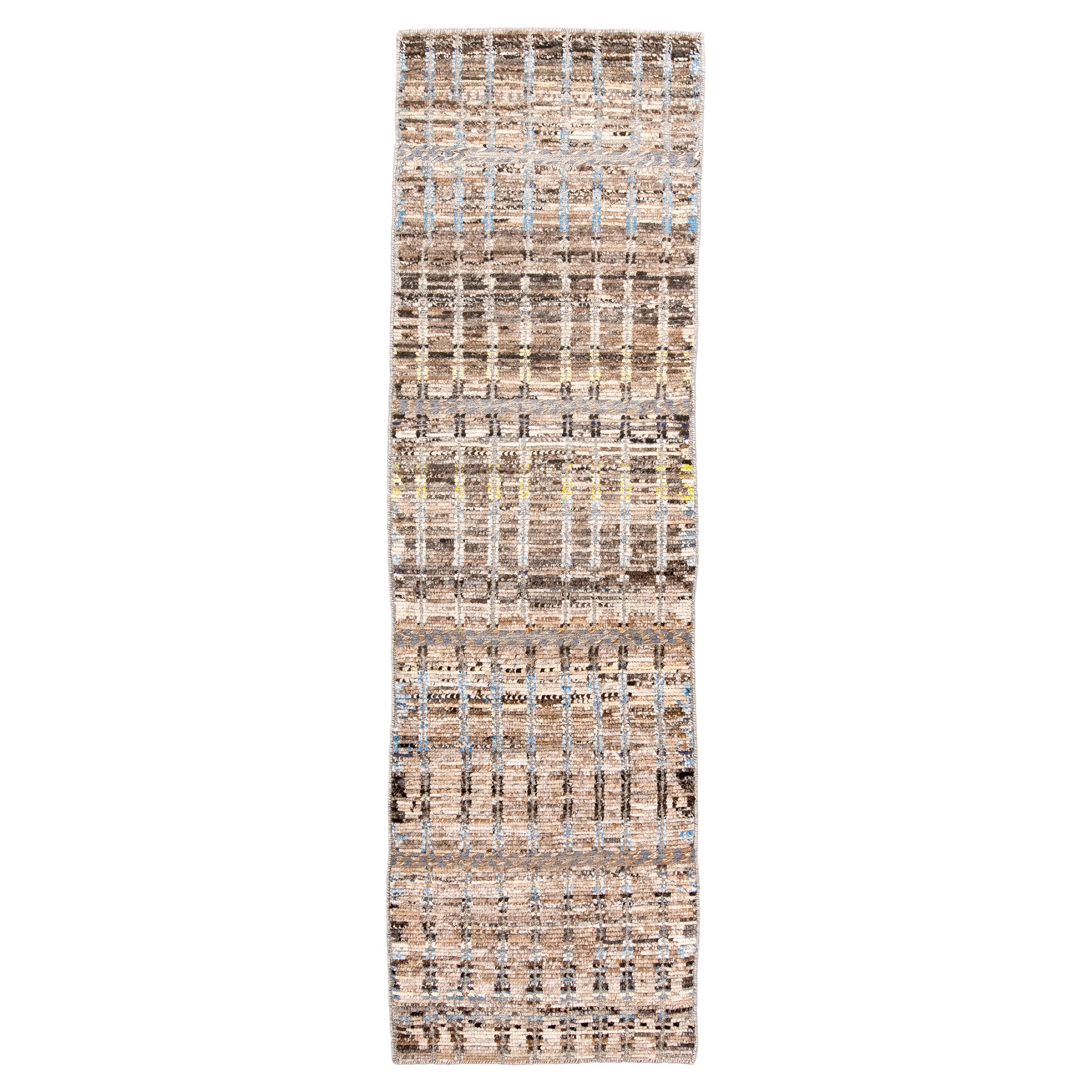 Modern Moroccan Runner with Brown Field and Colorful Accents