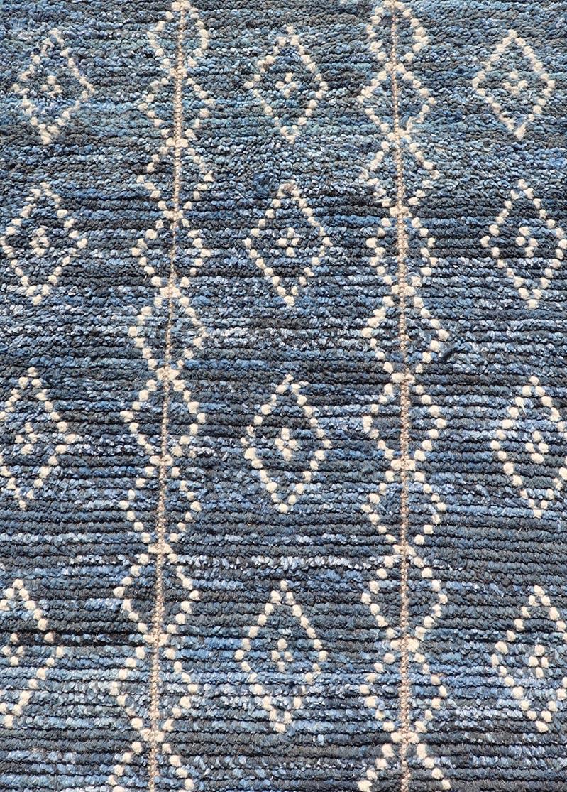 Contemporary Modern Moroccan Runner with Sub-Geometric Diamond Design in Blue and Ivory  For Sale