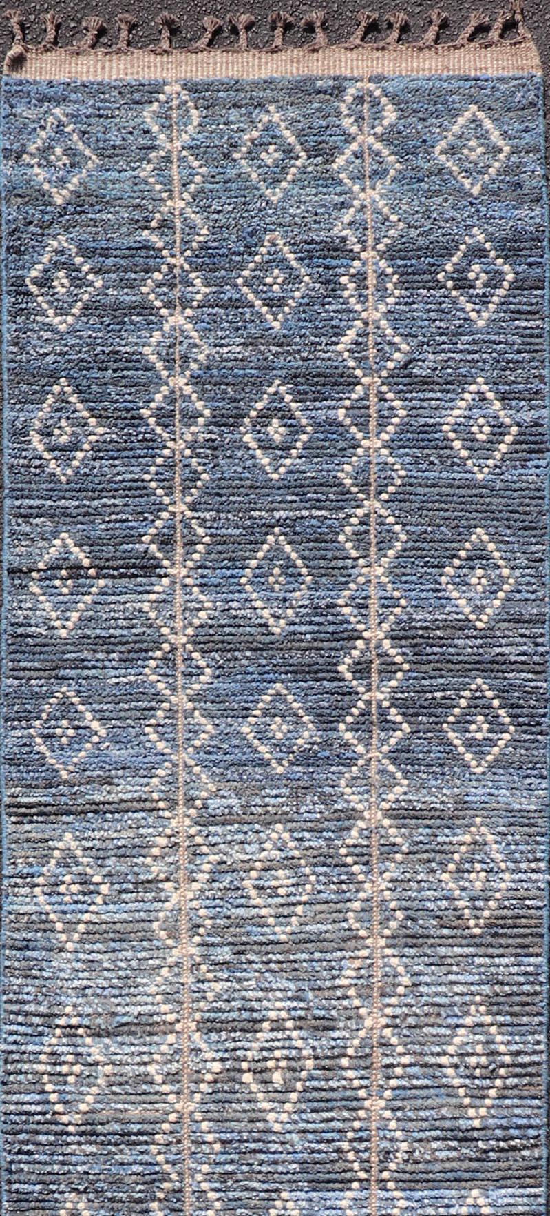 Wool Modern Moroccan Runner with Sub-Geometric Diamond Design in Blue and Ivory  For Sale