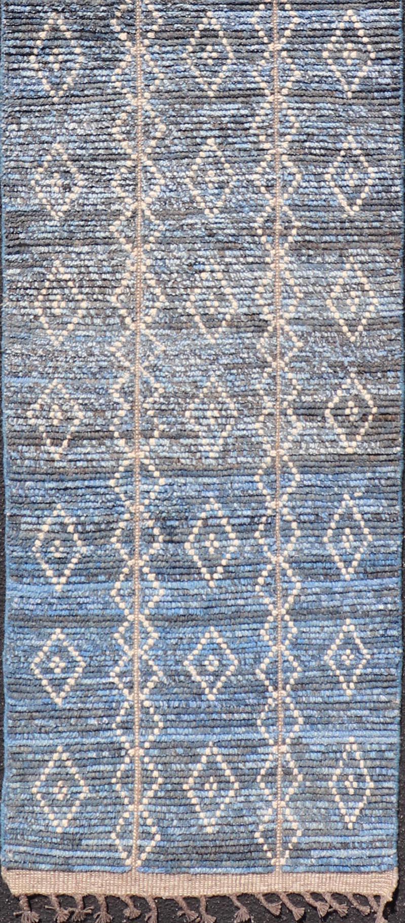 Modern Moroccan Runner with Sub-Geometric Diamond Design in Blue and Ivory  For Sale 2