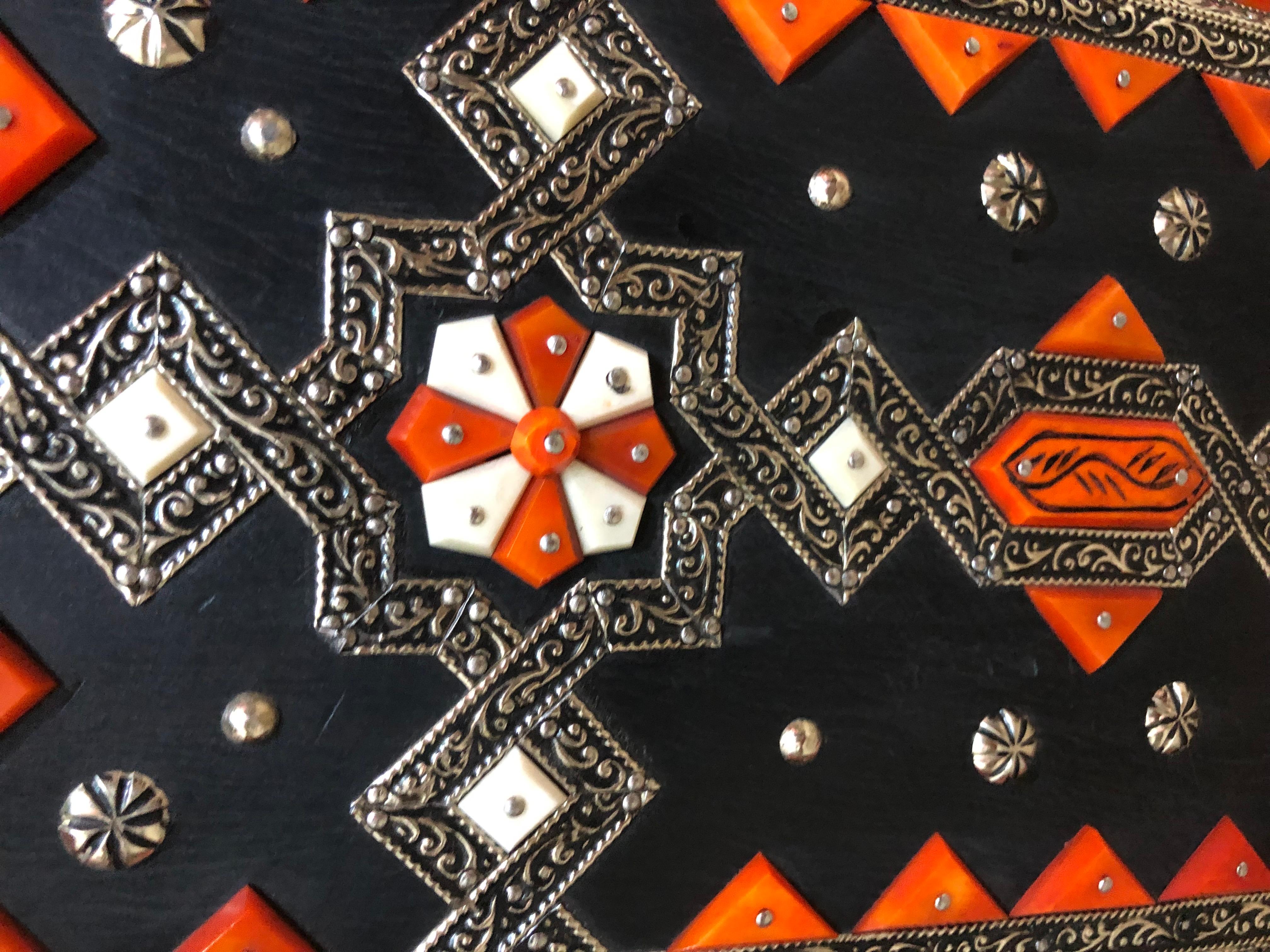 Modern Moroccan Side or End Table Ebonized Wood, White Brass & Bone Inlaid, Pair 5