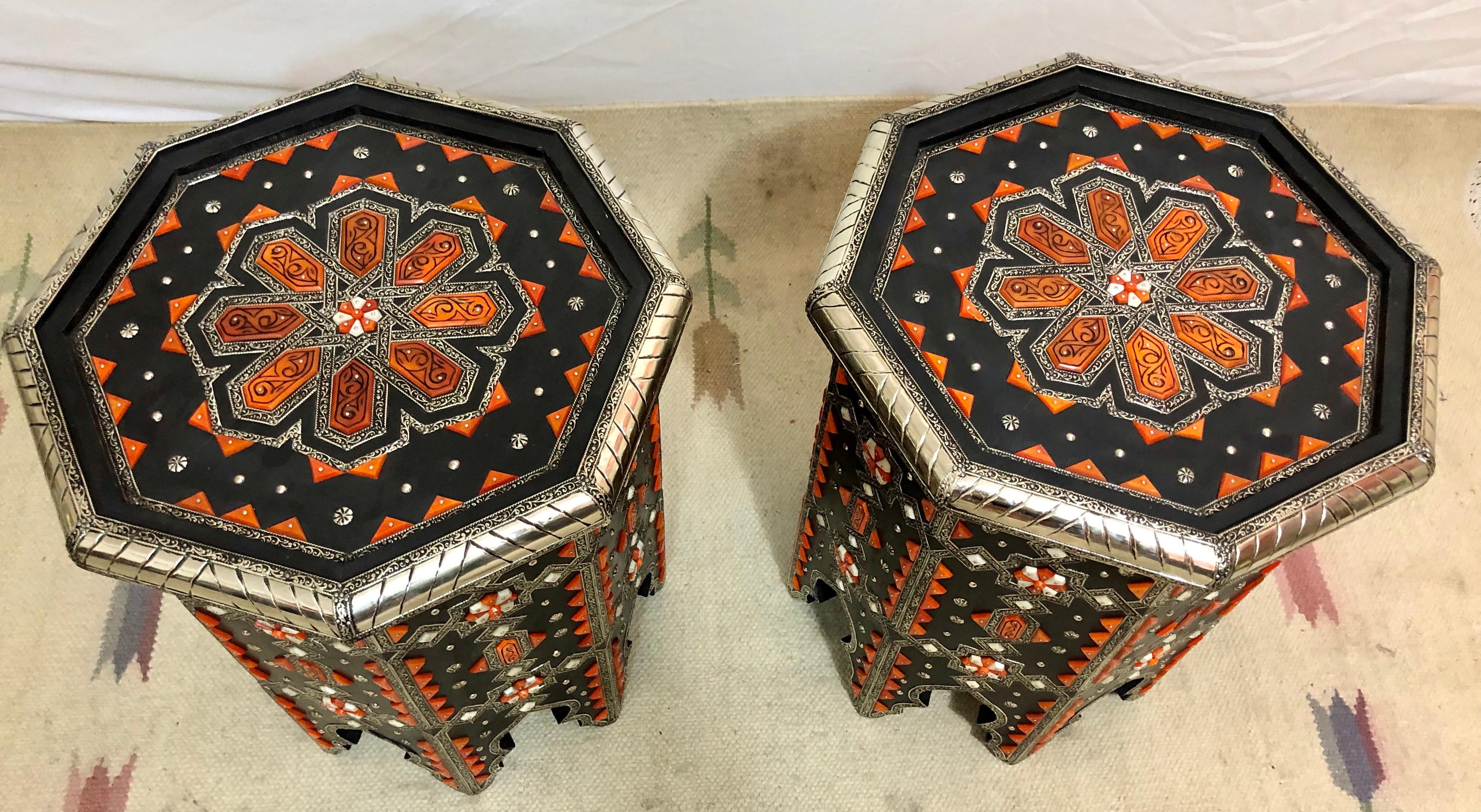 Modern Moroccan Side or End Table Ebonized Wood, White Brass & Bone Inlaid, Pair In Good Condition In Plainview, NY