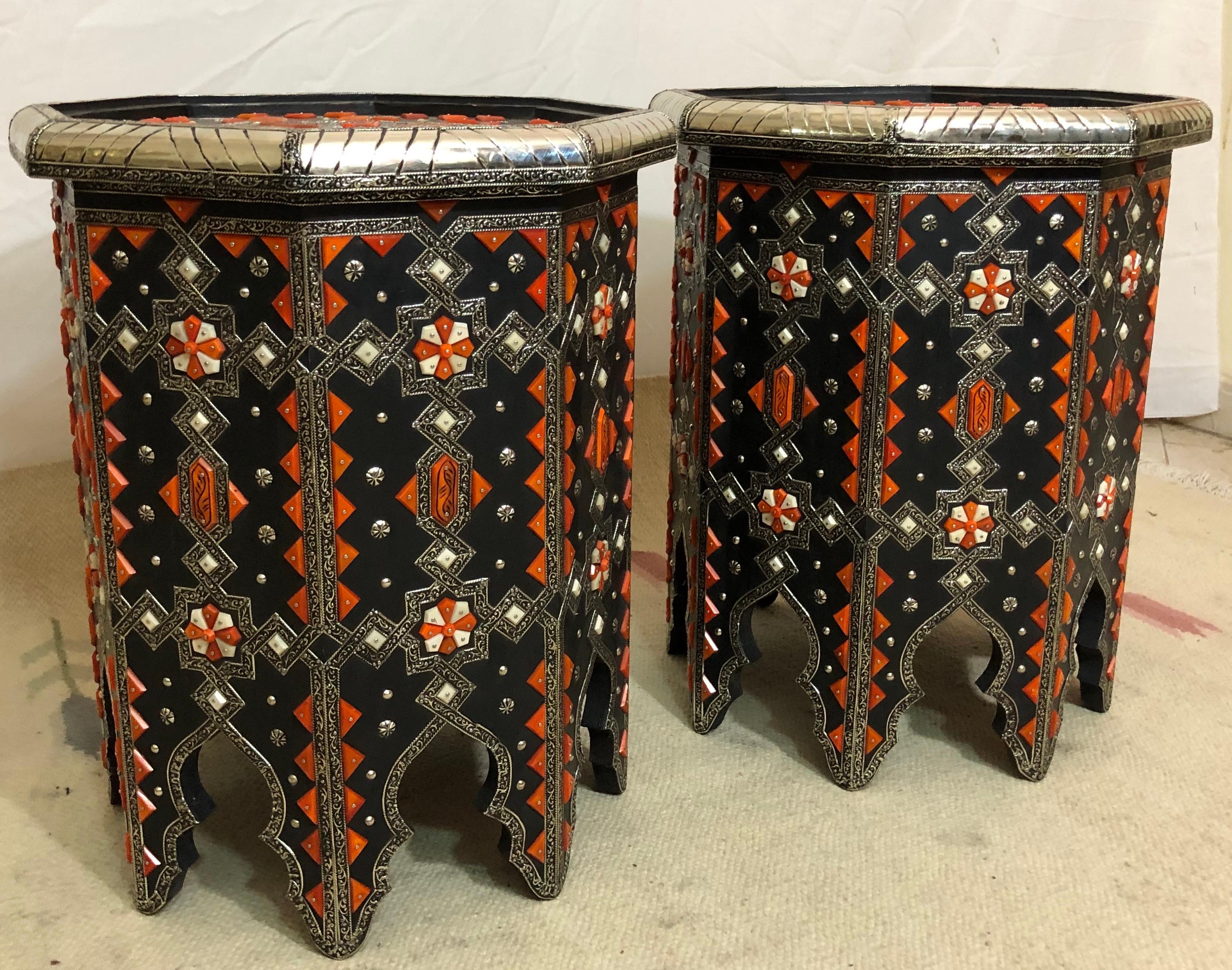 Late 20th Century Modern Moroccan Side or End Table Ebonized Wood, White Brass & Bone Inlaid, Pair