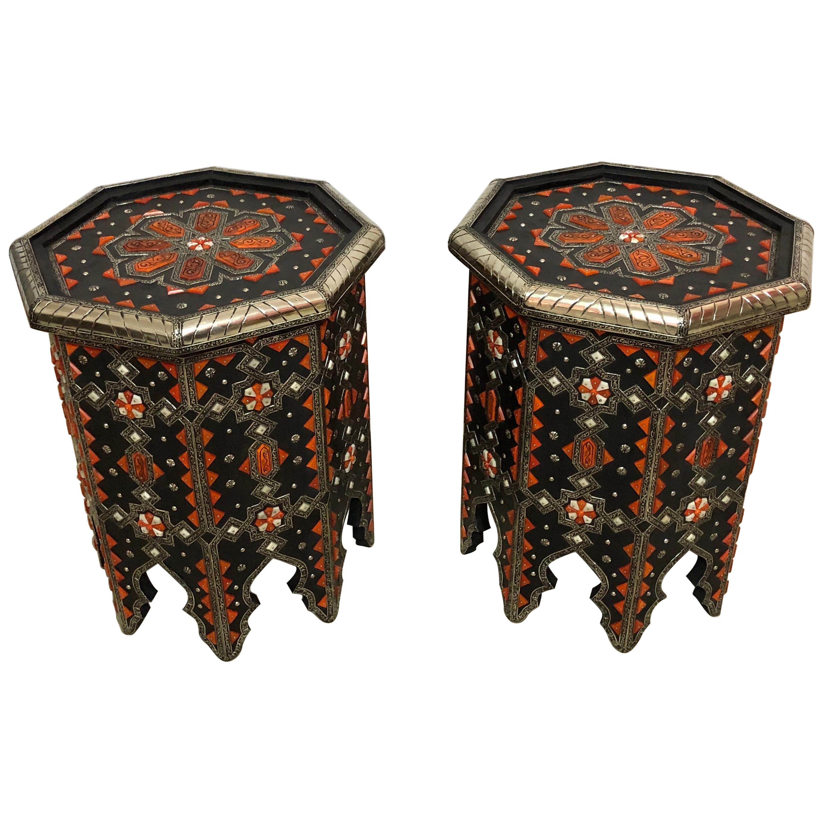 Modern Moroccan Side or End Table Ebonized Wood, White Brass & Bone Inlaid, Pair