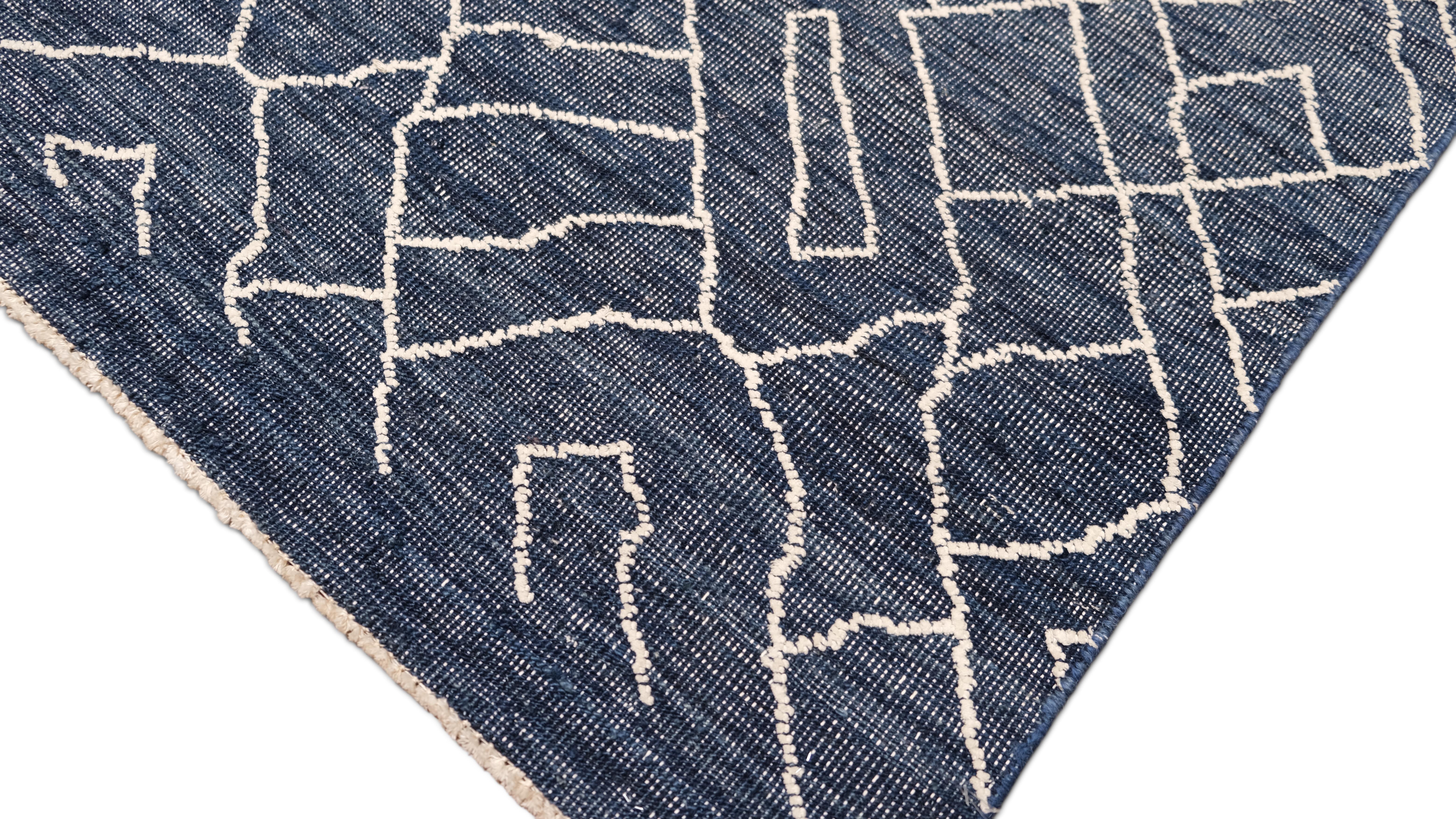Bohemian Modern Moroccan Stlye Blue and White Wool Rug 8'x9'10'' For Sale