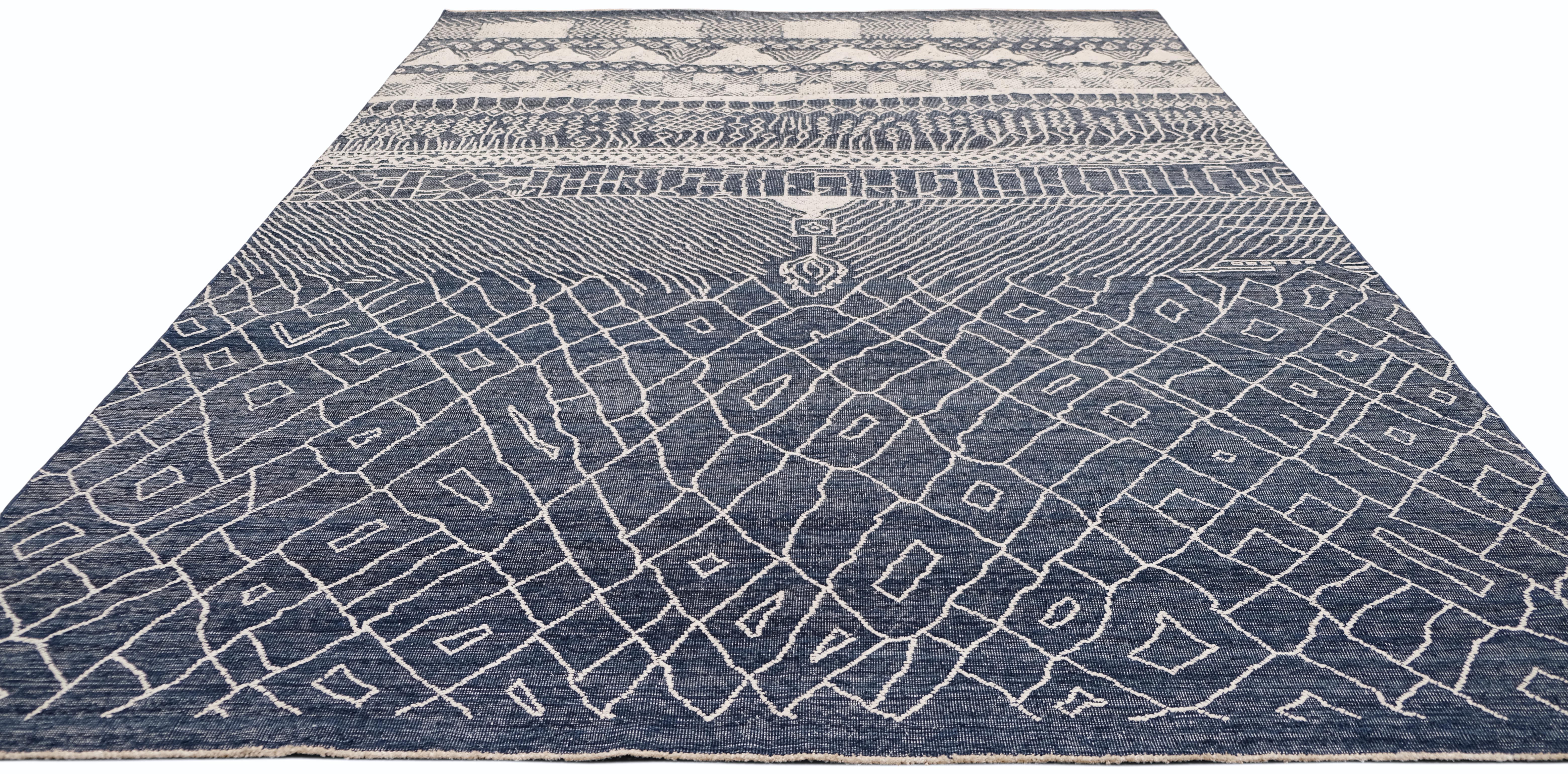 Pakistani Modern Moroccan Stlye Blue and White Wool Rug 8'x9'10'' For Sale