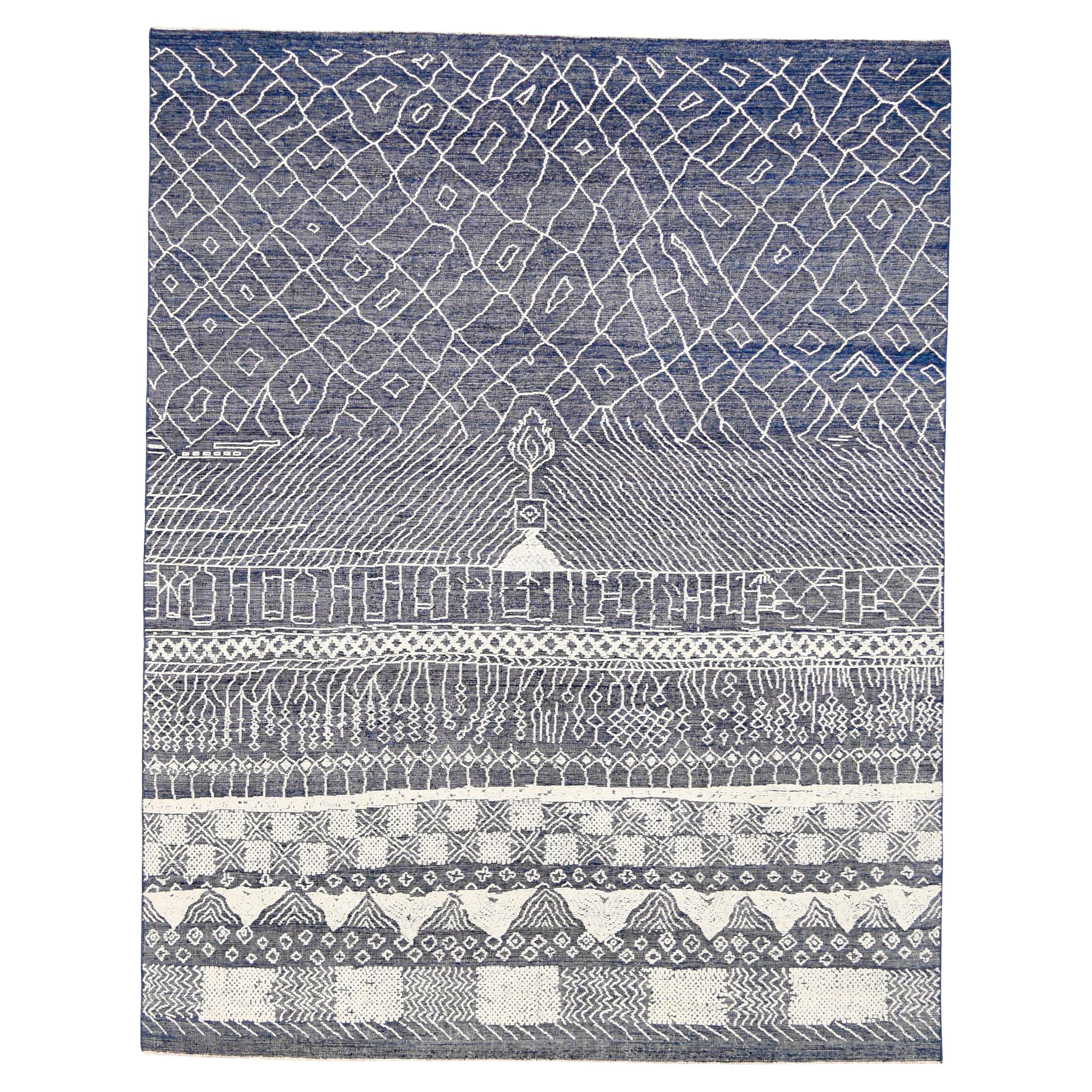 Modern Moroccan Stlye Blue and White Wool Rug 8'x9'10'' For Sale