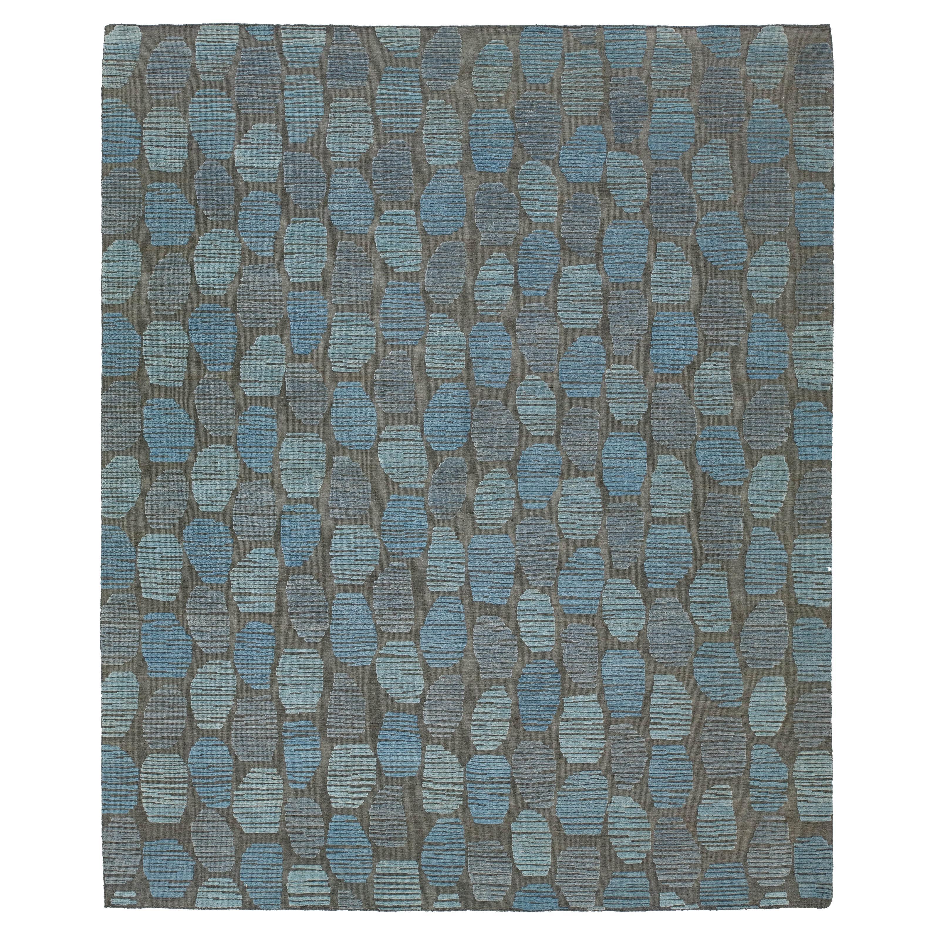 Modern Moroccan Style Abstract Pebble Wool Area Rug – Slate 
Cerulean Blue For Sale