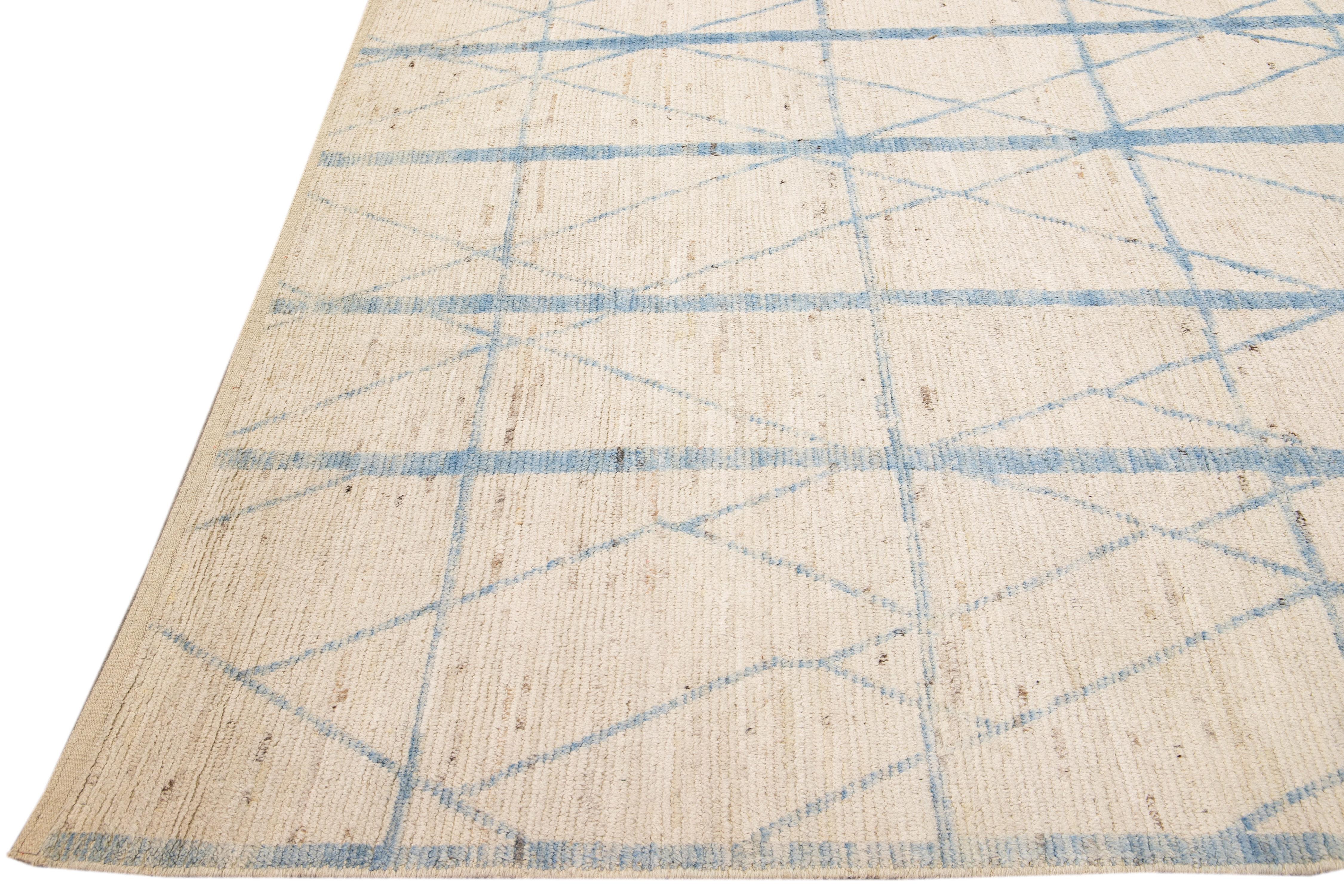 Afghan Modern Moroccan Style Beige and Blue Handmade Geometric Oversize Wool Rug For Sale