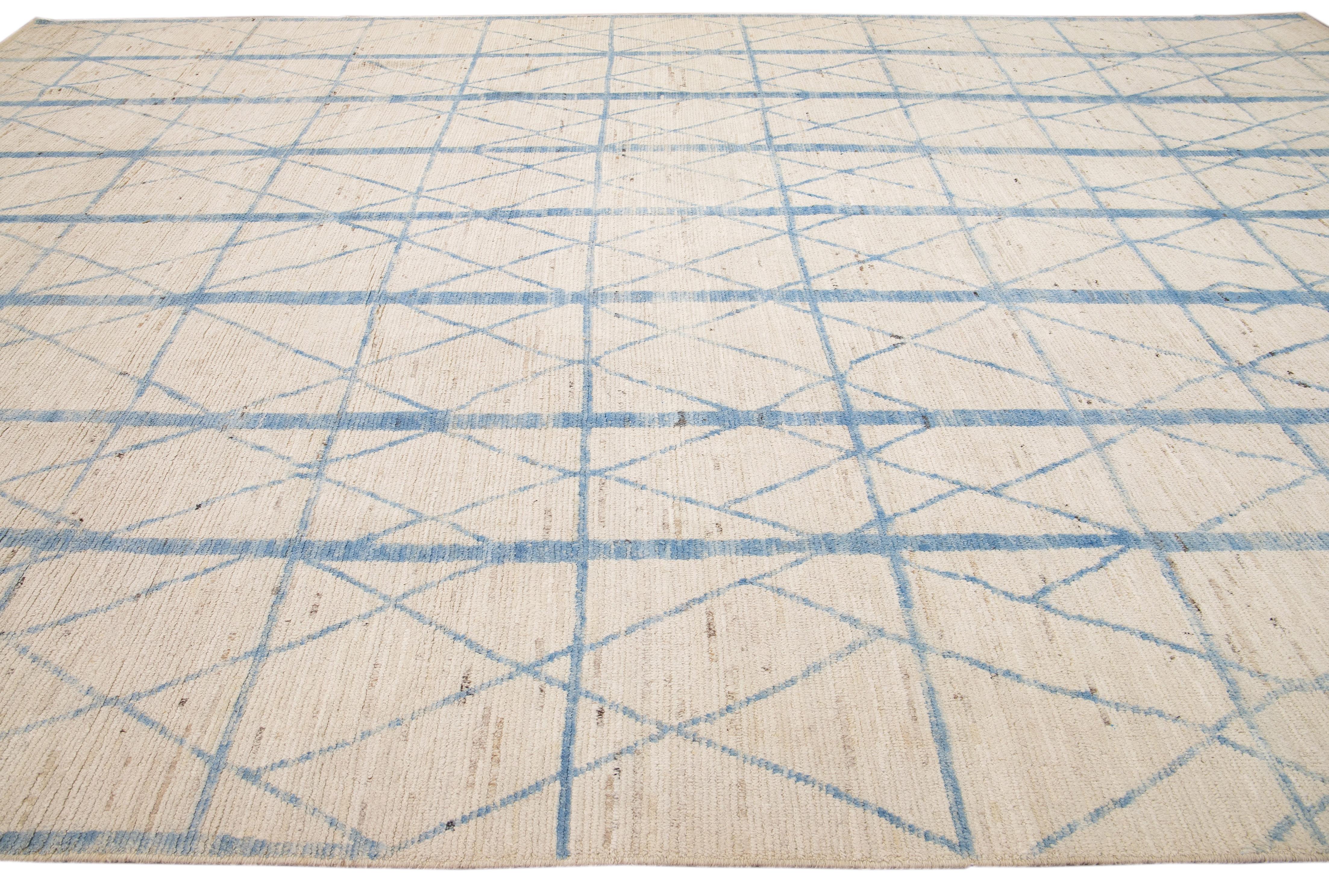 Hand-Knotted Modern Moroccan Style Beige and Blue Handmade Geometric Oversize Wool Rug For Sale