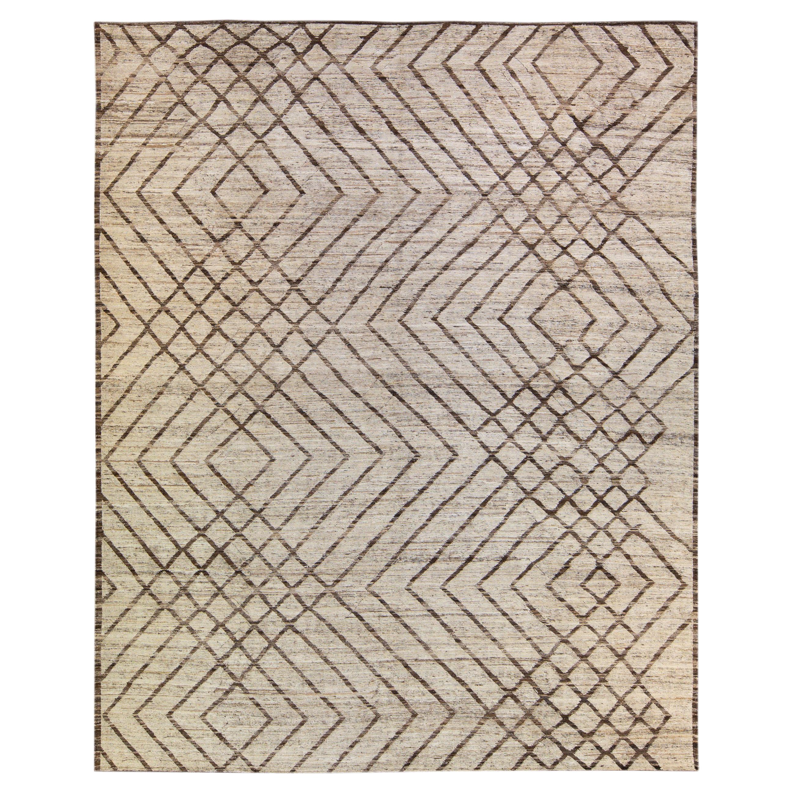 Modern Moroccan Style Beige and Brown Handmade Boho Pattern Wool Rug For Sale