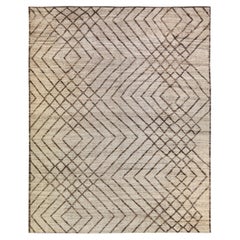 Tapis moderne de style marocain en laine beige et marron à motif bohème fait à la main