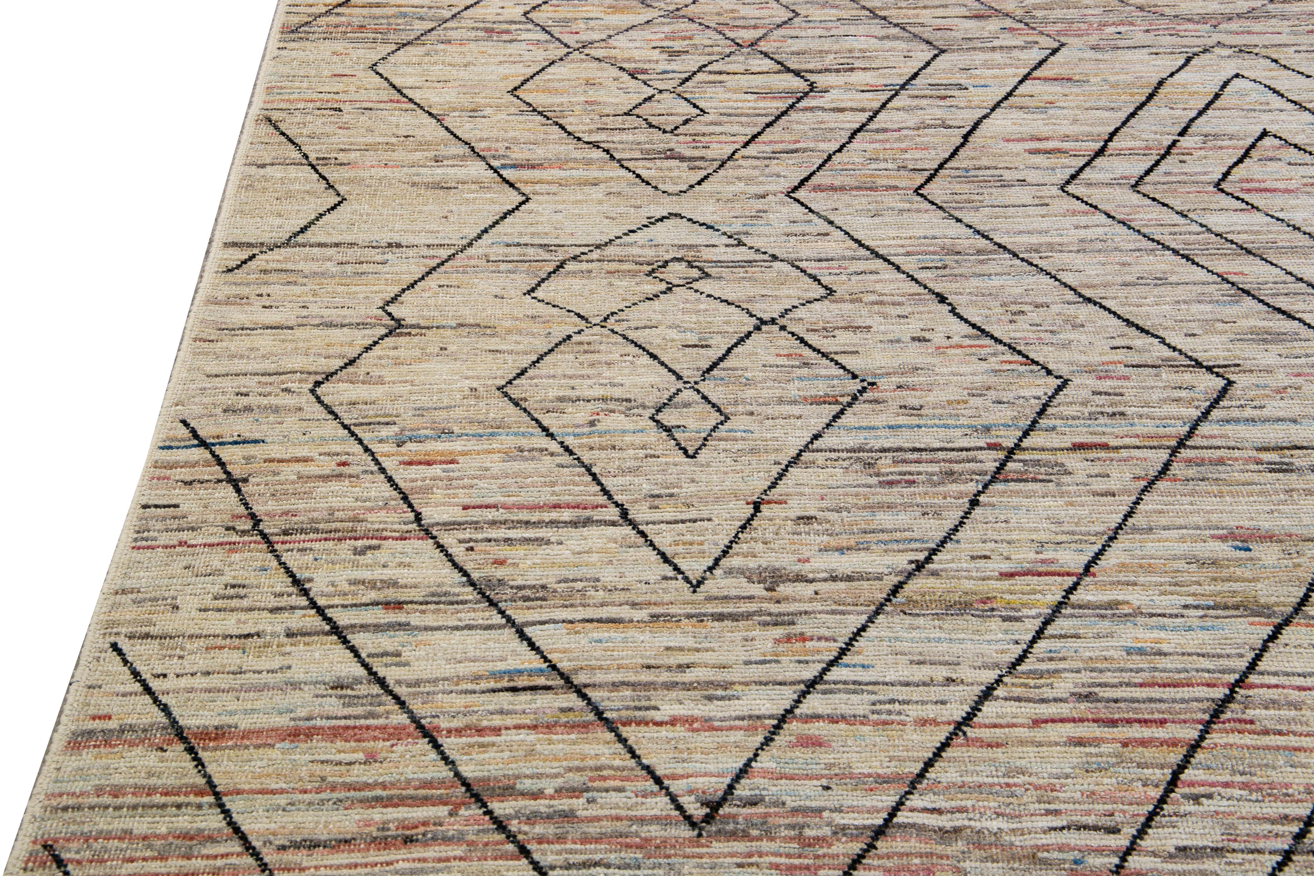 Contemporary Modern Moroccan Style Beige Handmade Bohemian Pattern Wool Rug For Sale
